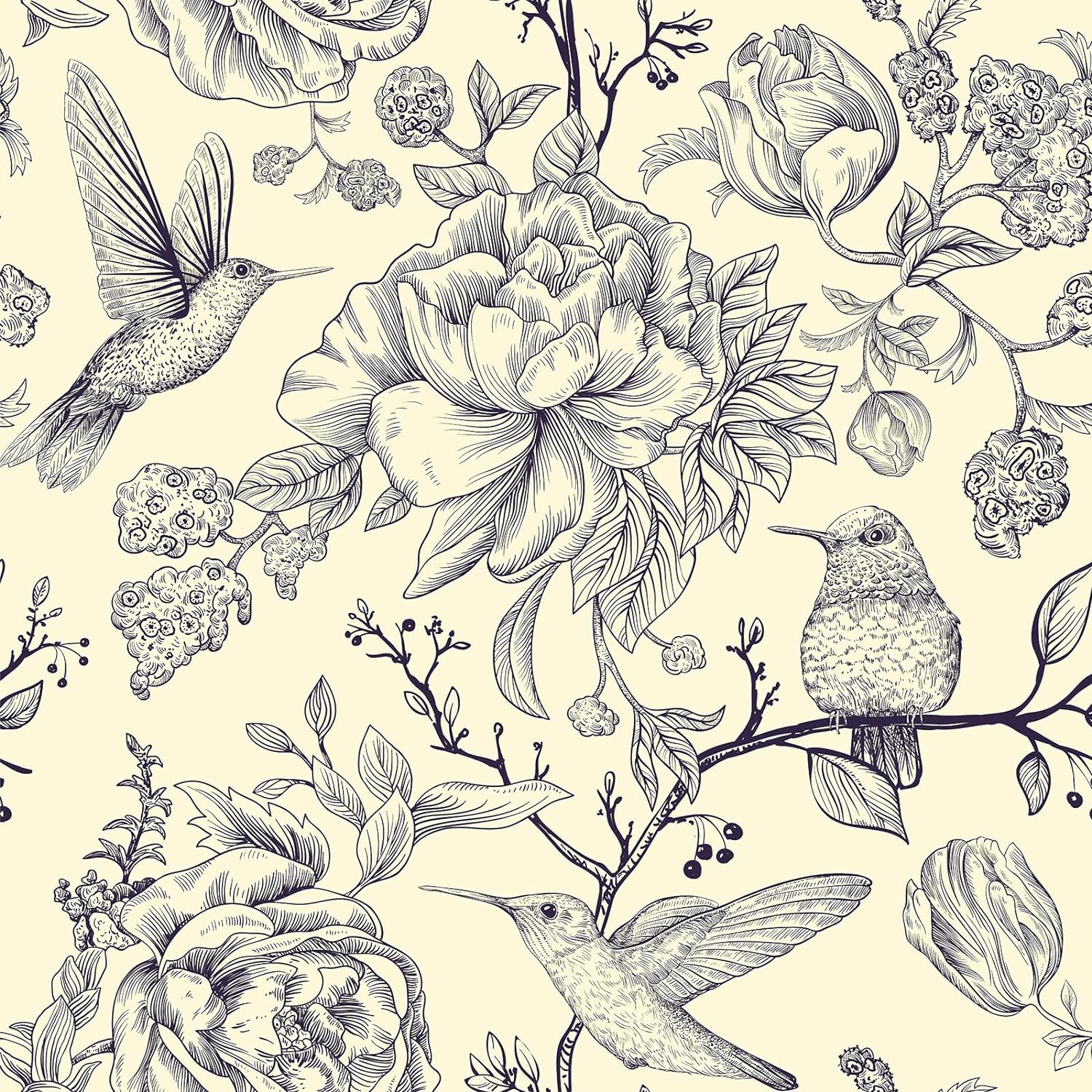 Papier Peint Pivoine Oiseaux Fleur Beige Vintage Papier Adhésif Pour Meuble Adhesif Salon Papier Autocollant Cuisine Lavable Mural Chambre 44.5cm×300cm