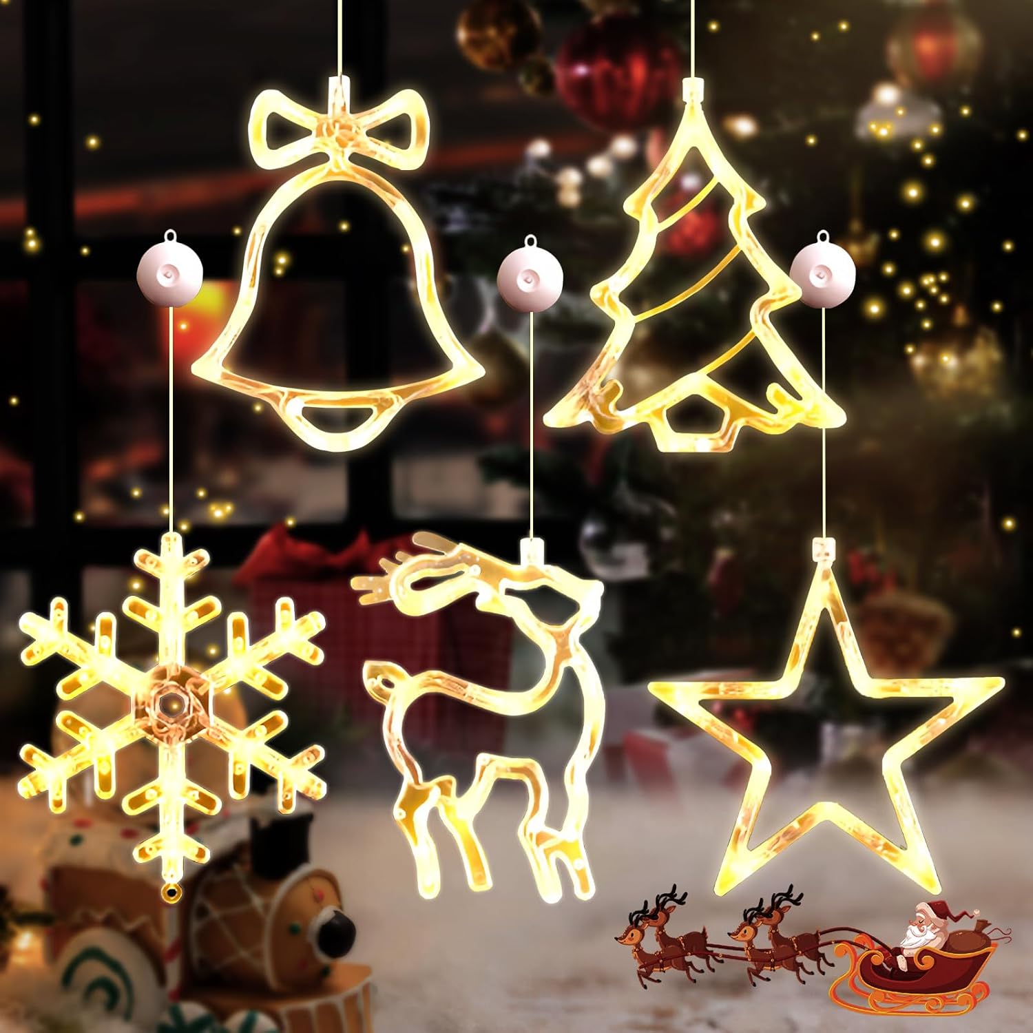 Pcs Christmas Window Lights With Suction Cup, Light Up Christmas Window Decorations Indoor, Xmas Tree, Reindeer, Bell, Star, Snowflake Window Glass Hanging Lights Christmas Decor, Modern