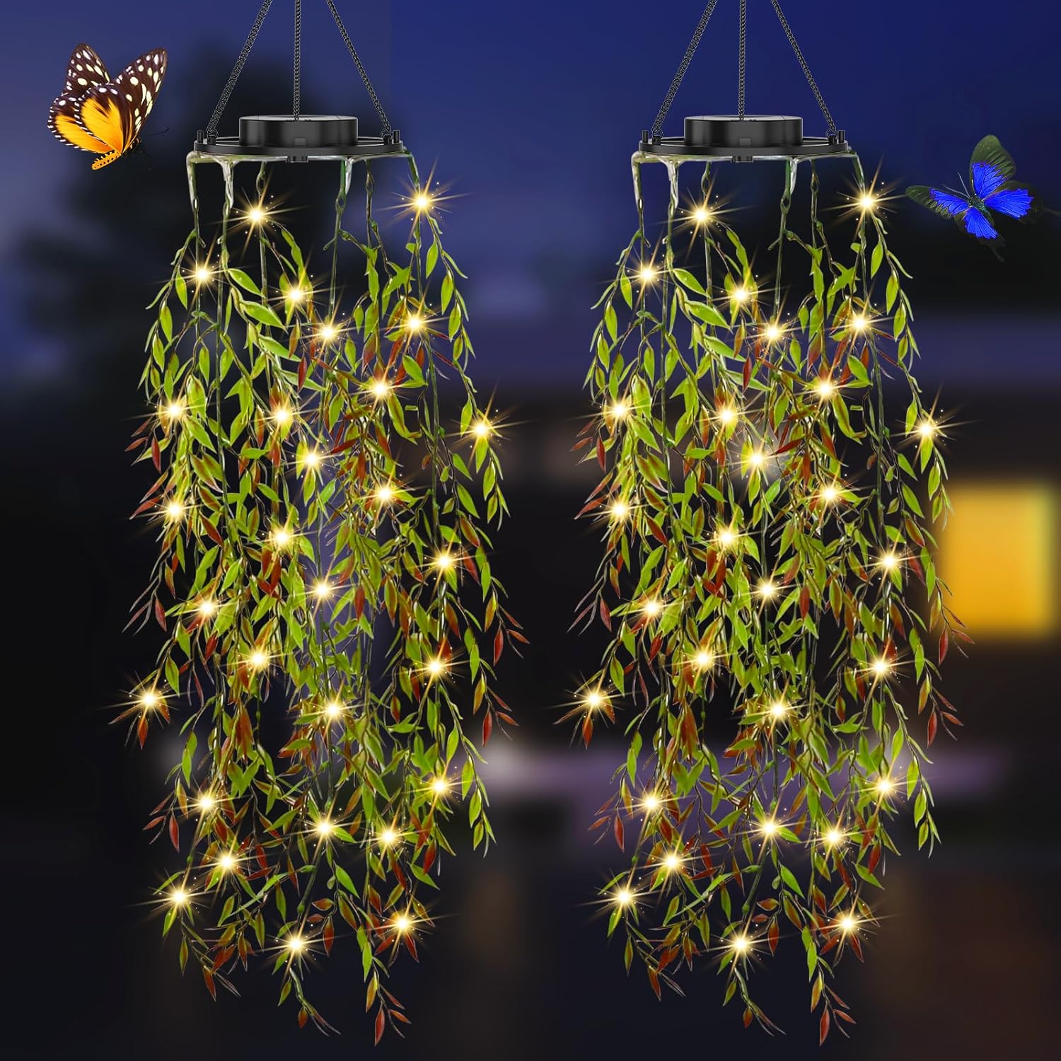 Lampe Solaire Exterieur, 2 Plantes Artificielles Feuilles Saule Suspension 66 Led Luminaire, Lanterne Solaire Exterieur Pour Jardin