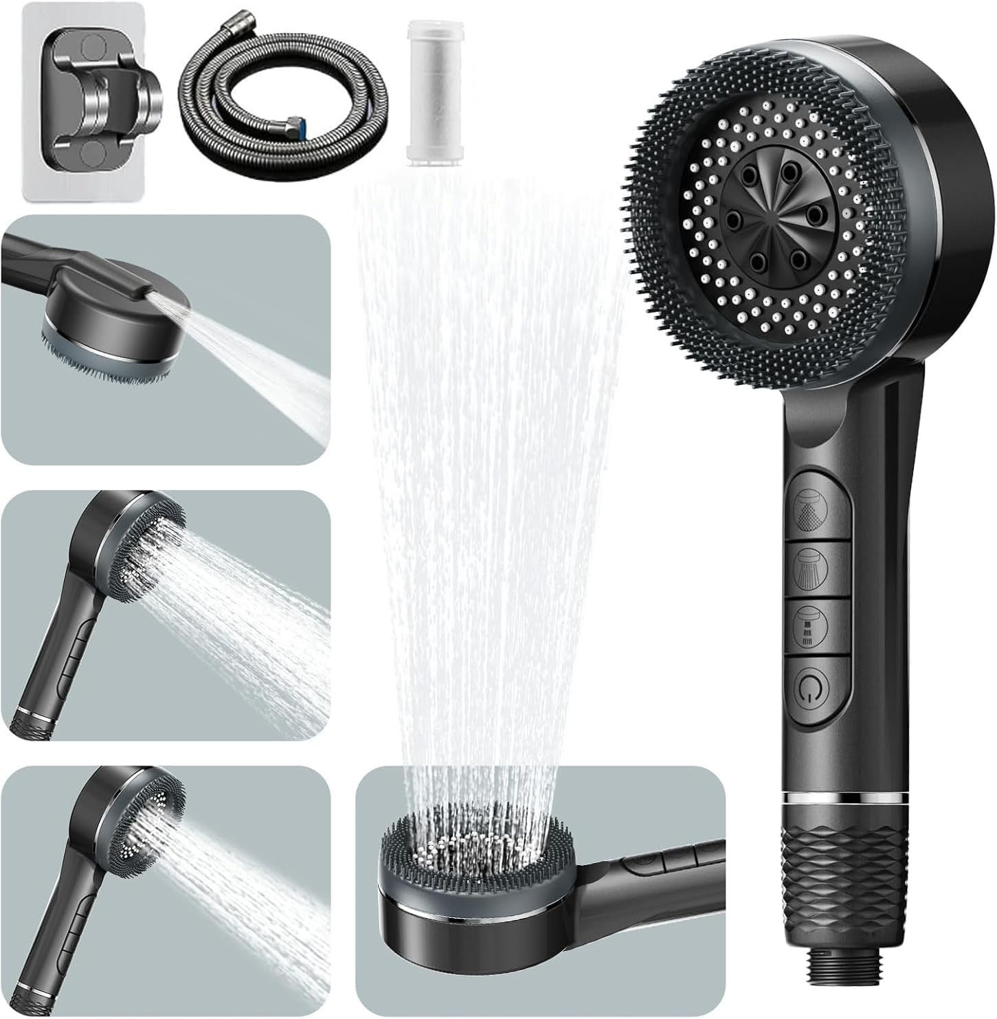 Pommeau De Douche Haute Pression, Pommeau De Duche Economie Deau Avec Tuyau Douche 1.5m Et Support De Douche, Pommeau Douche Anti Calcaire Avec Filtre 4 Types De Jets