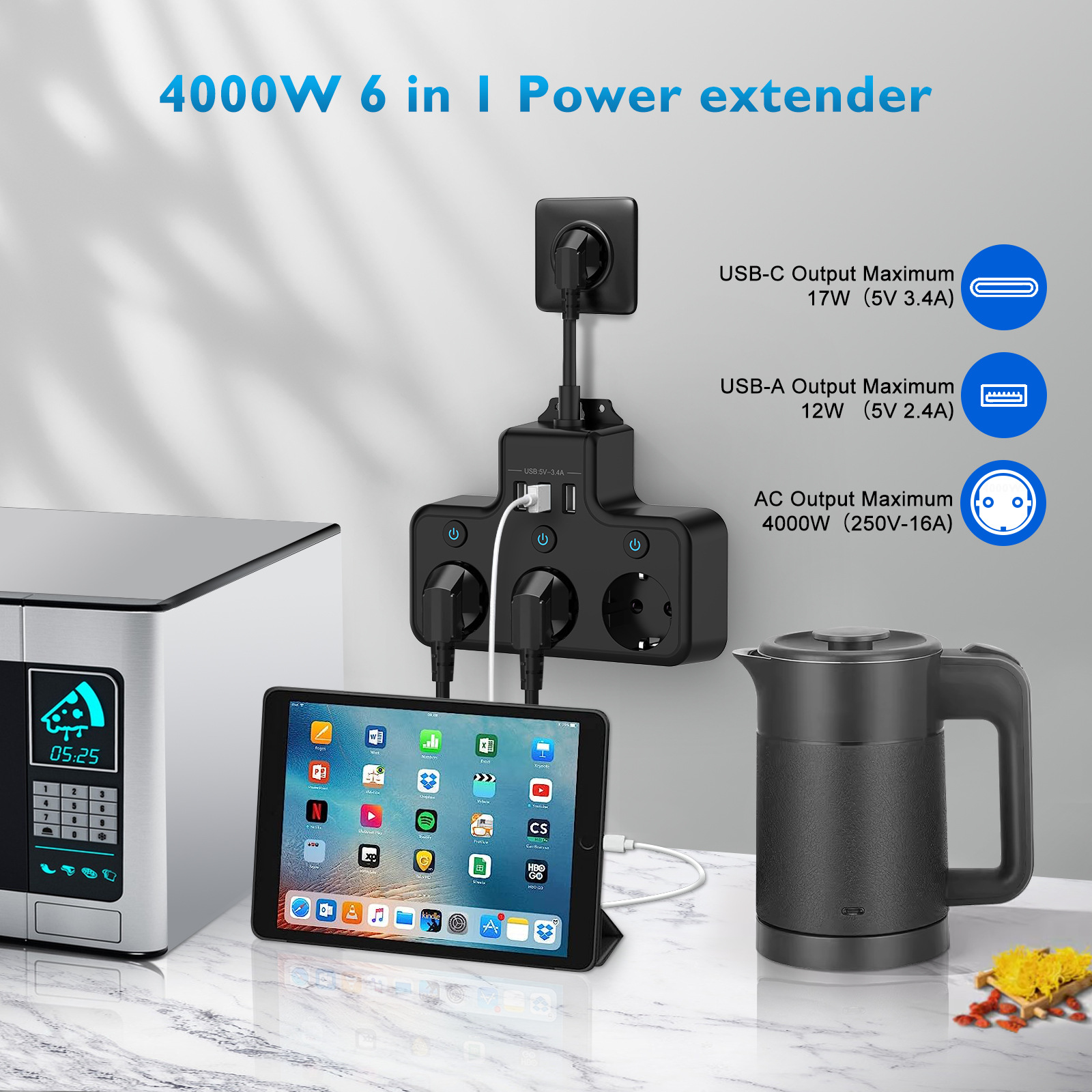 Prise Multiple Avec Interrupteur Individuel, Multiprise Avec Usb C 3 Prises Et 3 Usb Chargeurs, Multiprise Électrique Murale Adaptateur Prise Usb Multiple Câble Court 0,1m Pour Cuisine,bureau