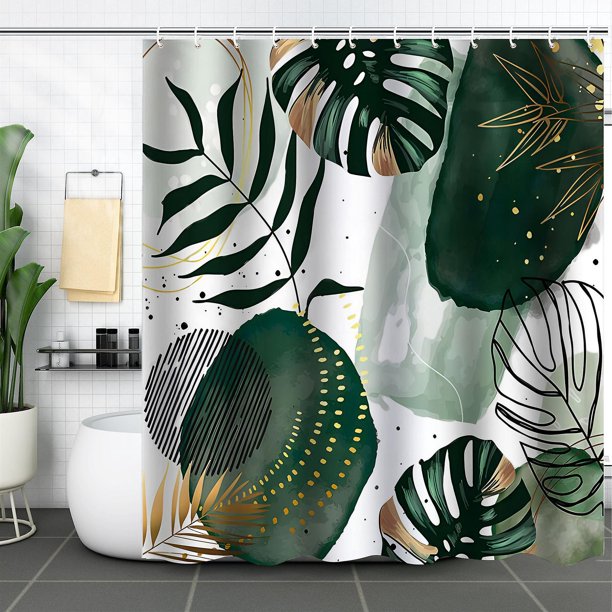 Rideau De Douche Boho 180 X 180, Rideau De Douche Abstrait Feuilles Tropicales Vertes Du Milieu Du Sicle Moderne Gomtrique Minimaliste Art Esthtiq