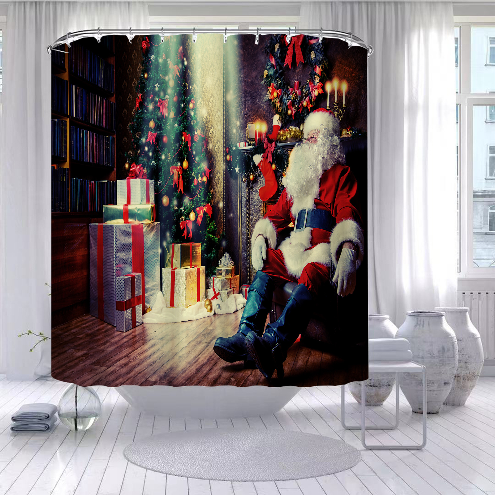 Rideau De Douche De Noël, 180 X 200 Cm - Rideau De Bain En Polyester Anti-moisissure, Imperméable Et Lavable