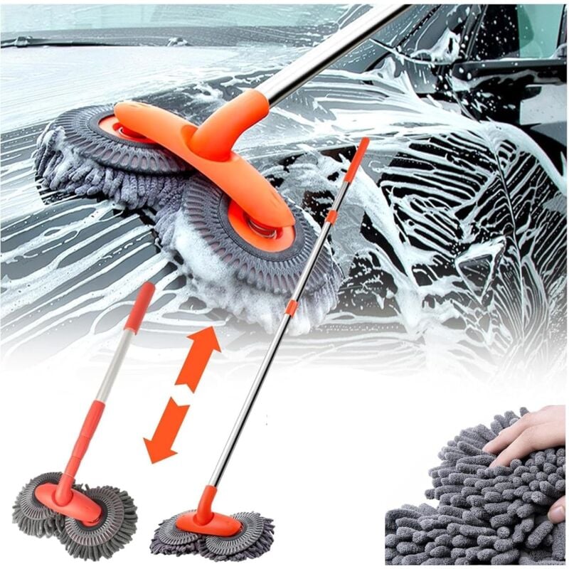 Brosse De Lavage Auto Choyclit À Deux Têtes En Microfibre, Brosse De Lavage Auto À Manche Long, Brosse De Lavage Auto À Tête Rotative À 360°, Brosse De Lavage Auto À Deux Têtes