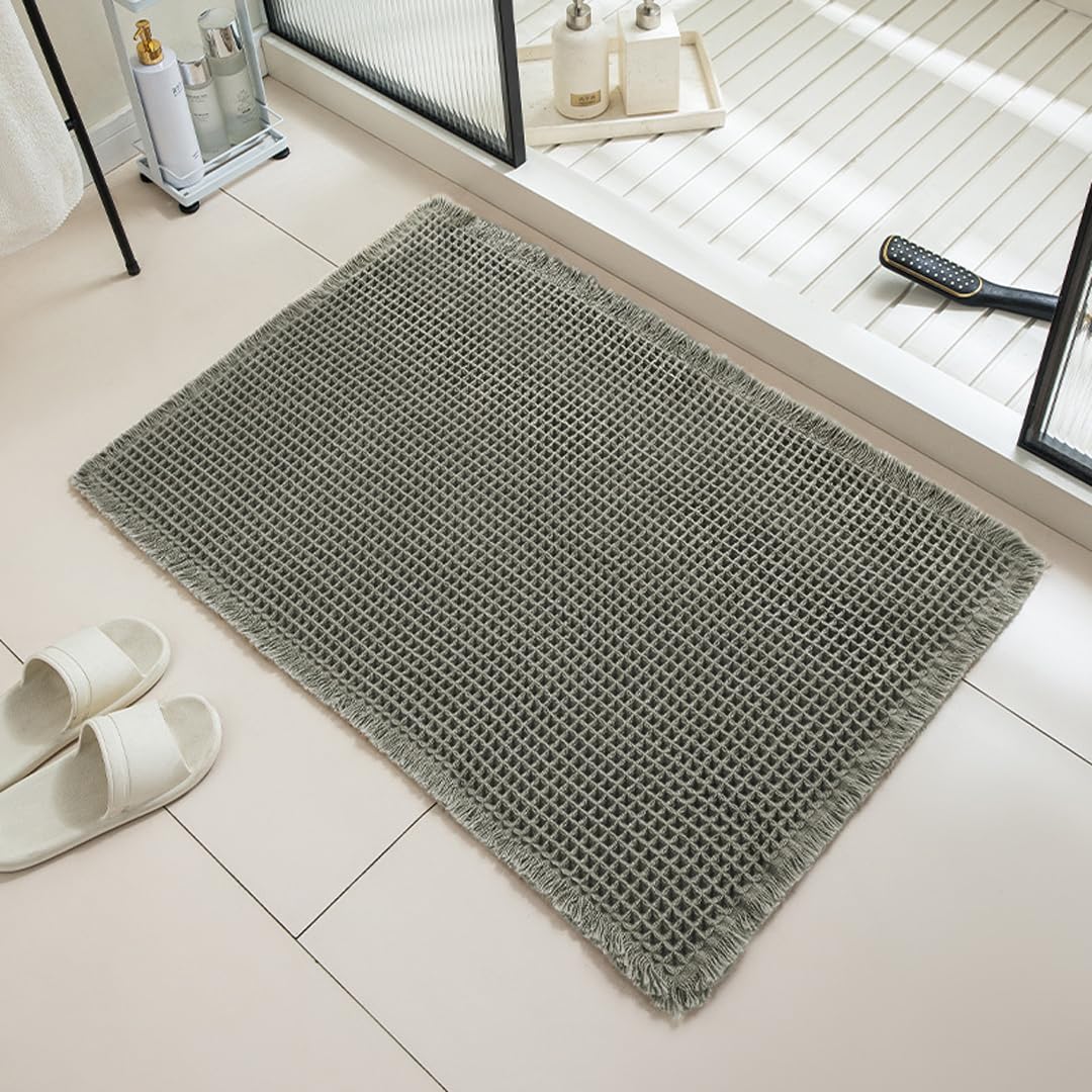 Tapis De Bain En Tissage Gaufré, Super Absorbant Et À Séchage Rapide, Support Antidérapant, Sans Abri, Lavable En Machine (30 ° C), Extra Doux (vert Olive,43x61cm)