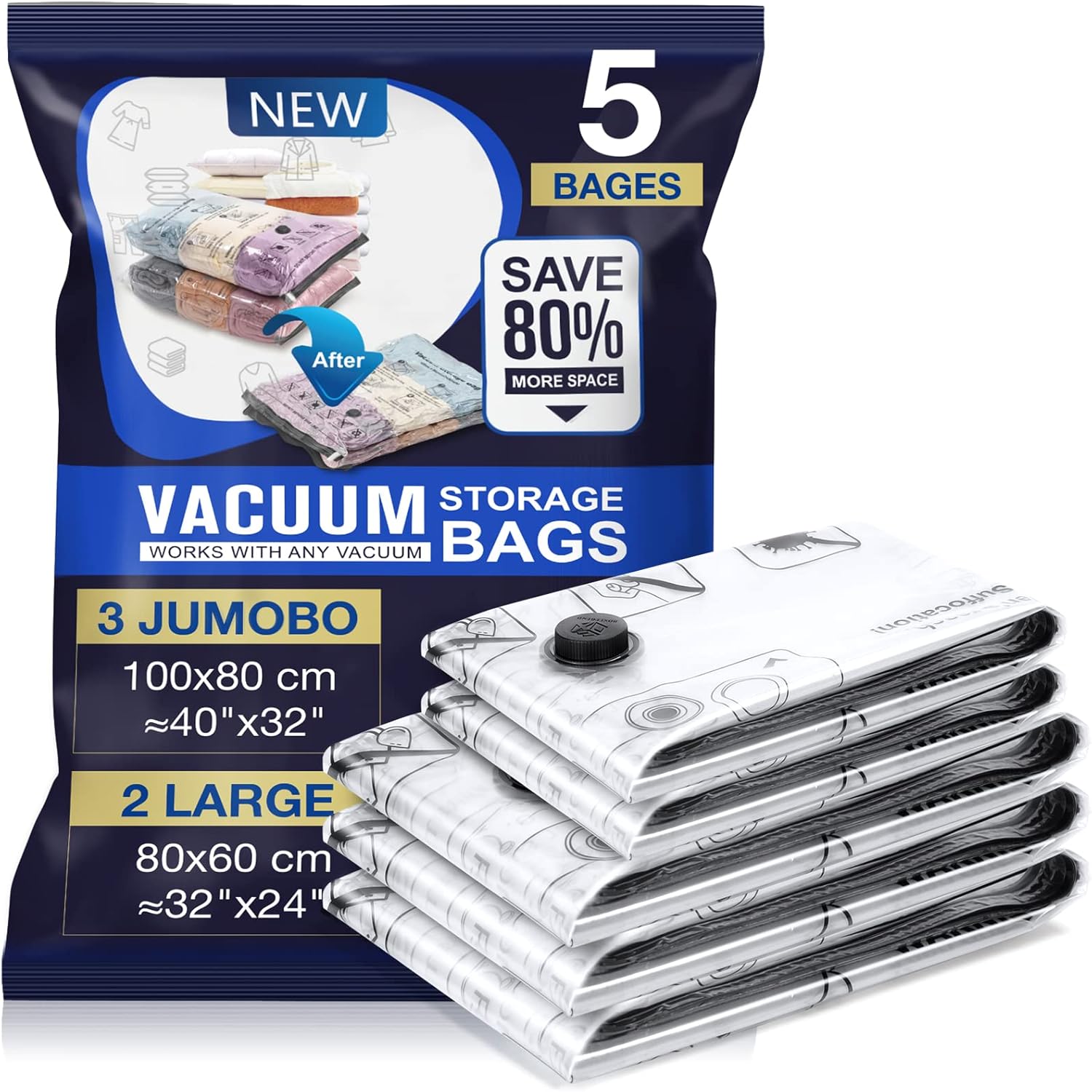 Sac Sous Vide Vetement 3pièces 100x80cm Et 2pièces 80x60cm Housse De Rangement Réutilisable Couette Stockez Vêtements La Literie Et Les Bagages