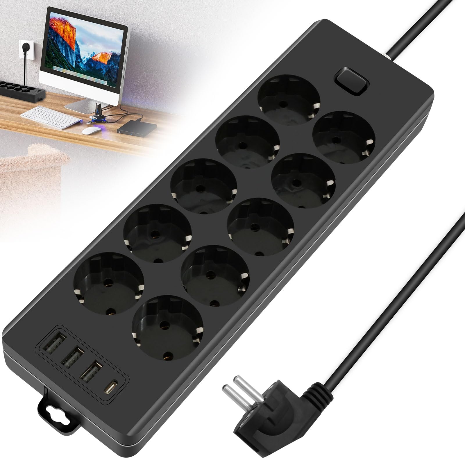 Multiprise 10 Prises 2 M Pd 20 W 2 Ports Usb-c Et 2 Ports Usb-a 2000 W/16 A 1050 J Multiprise Avec Usb Protection Contre Les Surtensions Multiprise Avec Interrupteur Pour Maison, École, Bureau