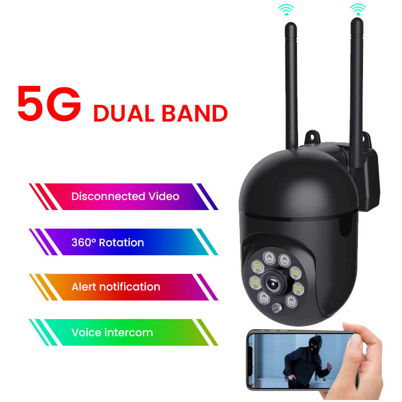 Camera De Surveillance Exterieure Ip Wifi 2.4 + 5g Hd 1080p Zoom X4 Suivi Humain Vision Nocturne Couleur