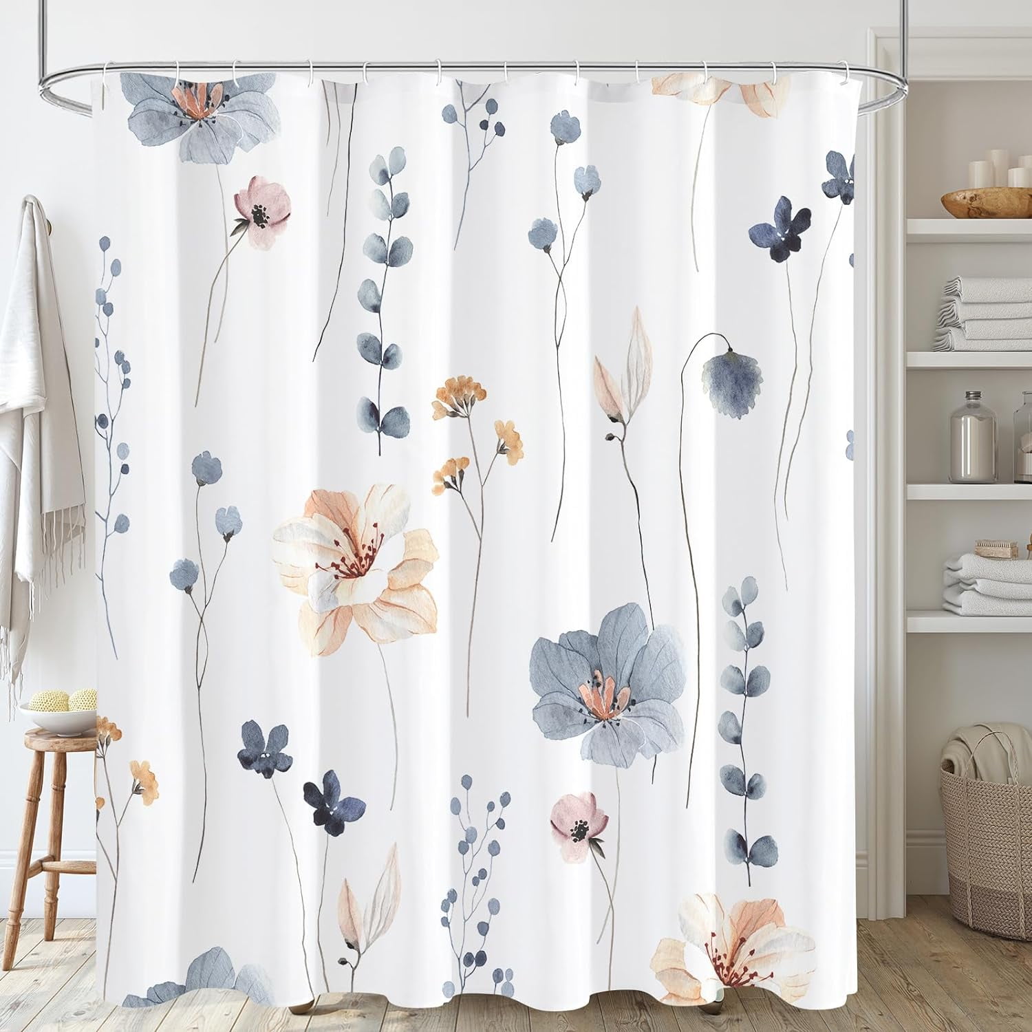 Rideau De Douche Extra Long 72 X 84, Rideau De Douche En Tissu À Motif Floral Aquarelle, Ensemble De Rideau De Douche Décoratif Bleu Et Beige À Fleurs Avec Crochets