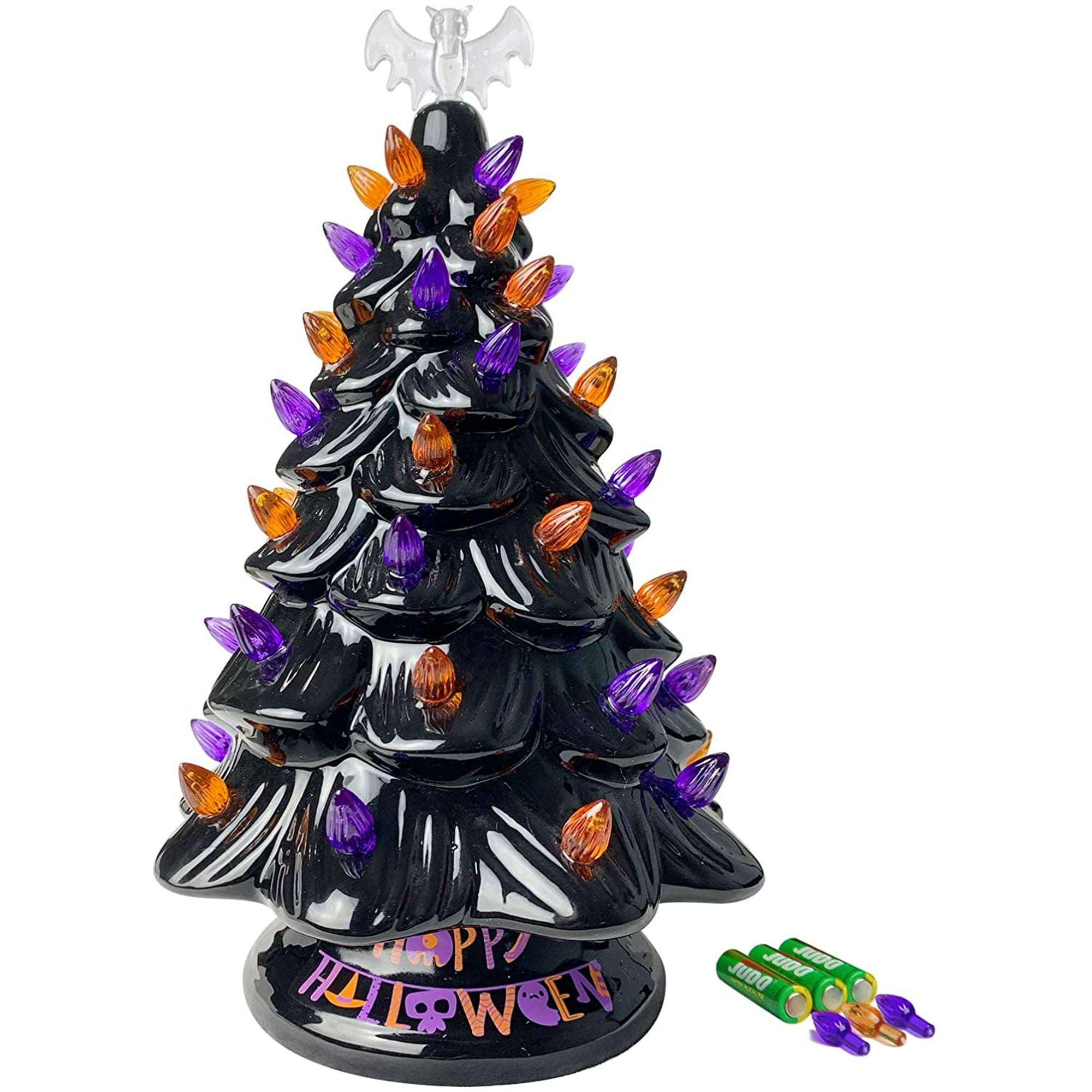 Cordless Lighted Ceramic Halloween Tree Tabletop Halloween Decoration Pre-lit Orange & Purple Mini Light Bulbs 12'' Aa Battery Operated Led