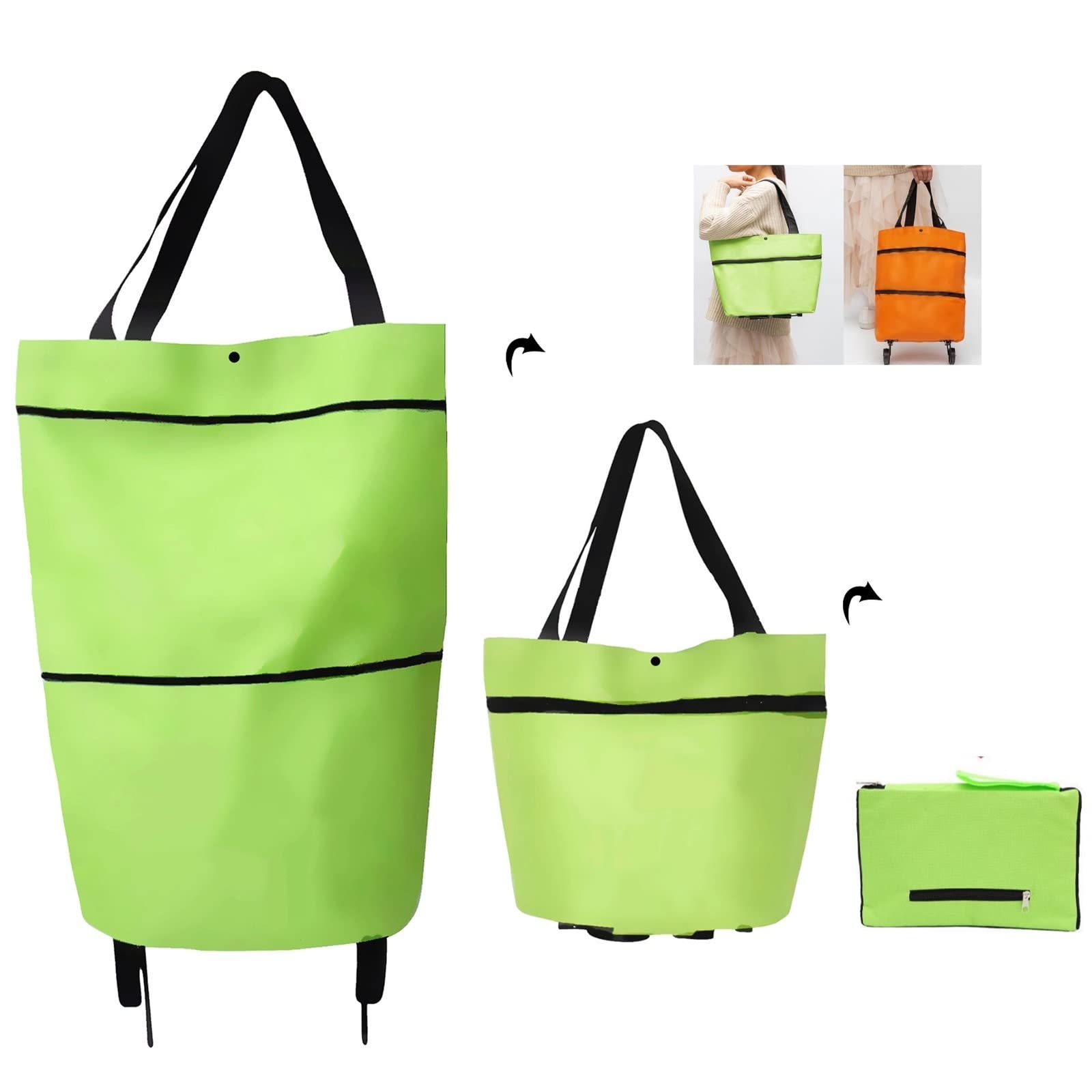 1 Pièce - Sac De Courses Pliable À Roulettes - Petit Chariot De Courses - Portable - Vert