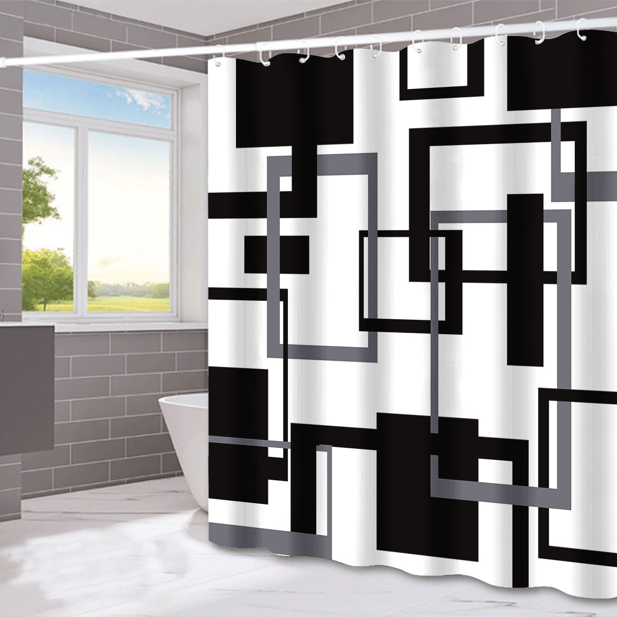 Black And White Shower Curtain, Black Gray Geometric Fabric Shower Curtain Set, Mid Century Modern Abstract Minimalist Waterproof Shower Curtain For Bathroom Decor, 72 X 72