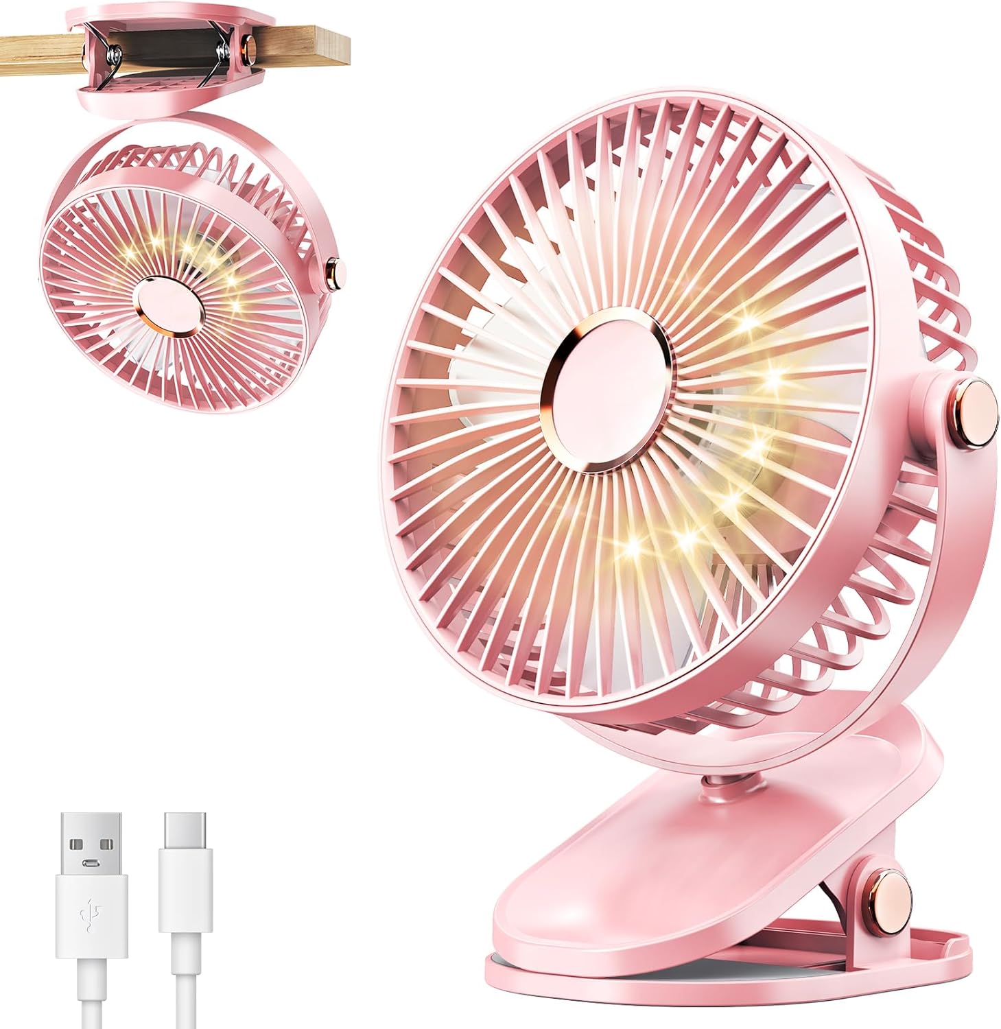 Ventilateur Portable À Pince Avec Lumière Led, 5 Vitesses, Rotation À 720°, Silencieux Et Rechargeable, 6 Pouces (rose)