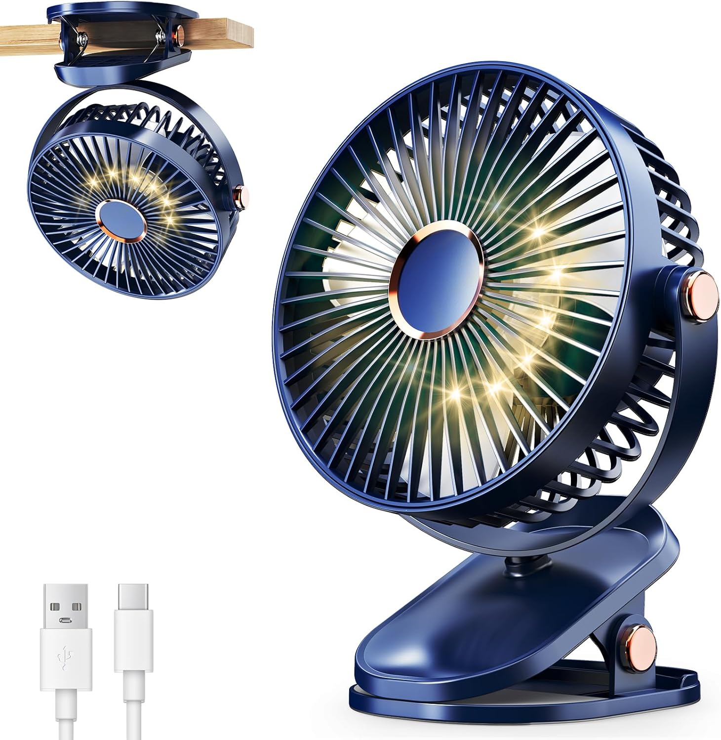 Ventilateur Portable Avec Éclairage Led, 5 Vitesses, Rotation 720°, Silencieux Et Rechargeable, 6 Pouces (bleu)