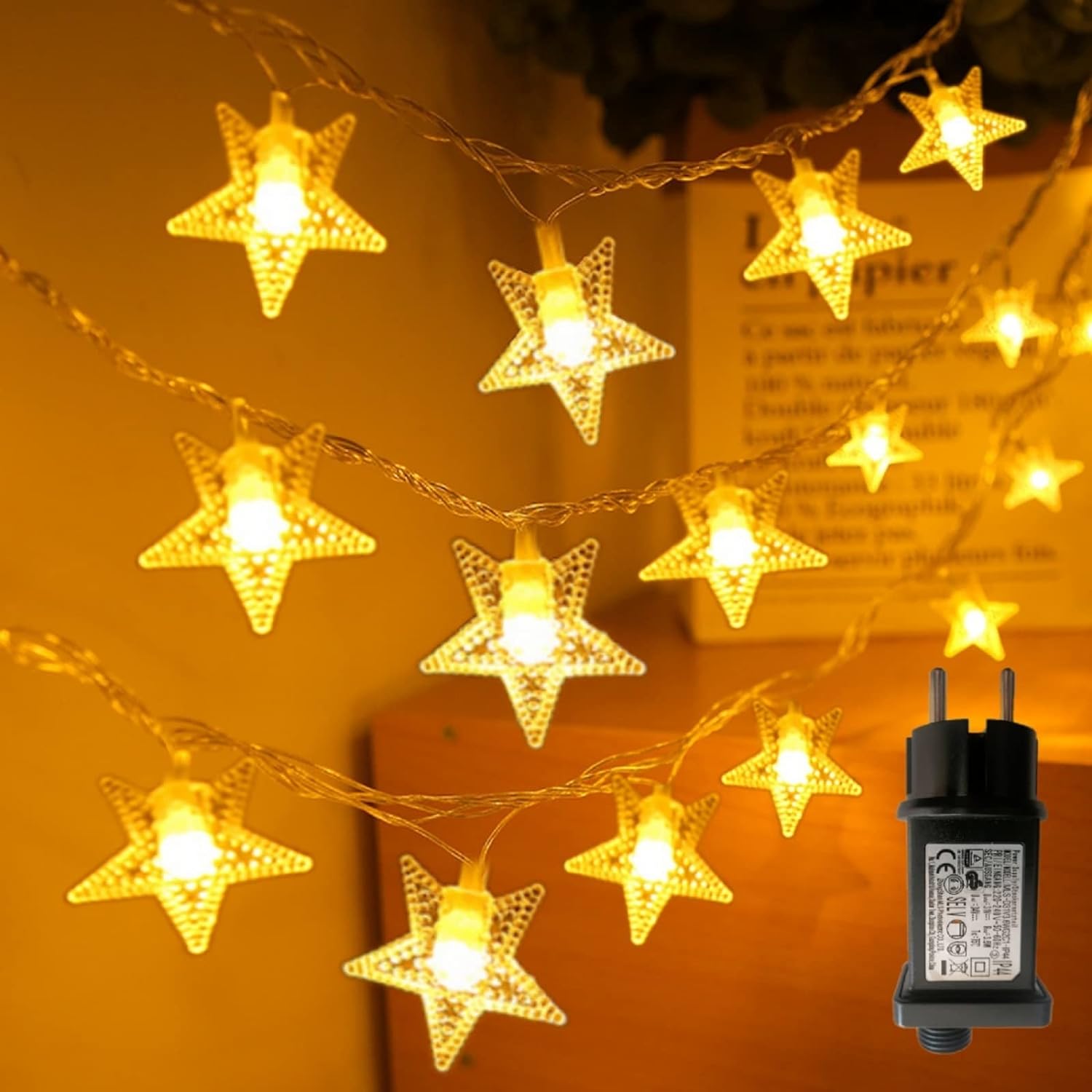 10 M Lange Lichterkette Mit 100 Leds In Sternenform, Inklusive Stecker, 8 Modi, Wasserdicht, Netzbetrieben, Für Die Innen- Und Außendekoration Von Partys, Weihnachten, Hochzeiten Und Halloween, Warmwe