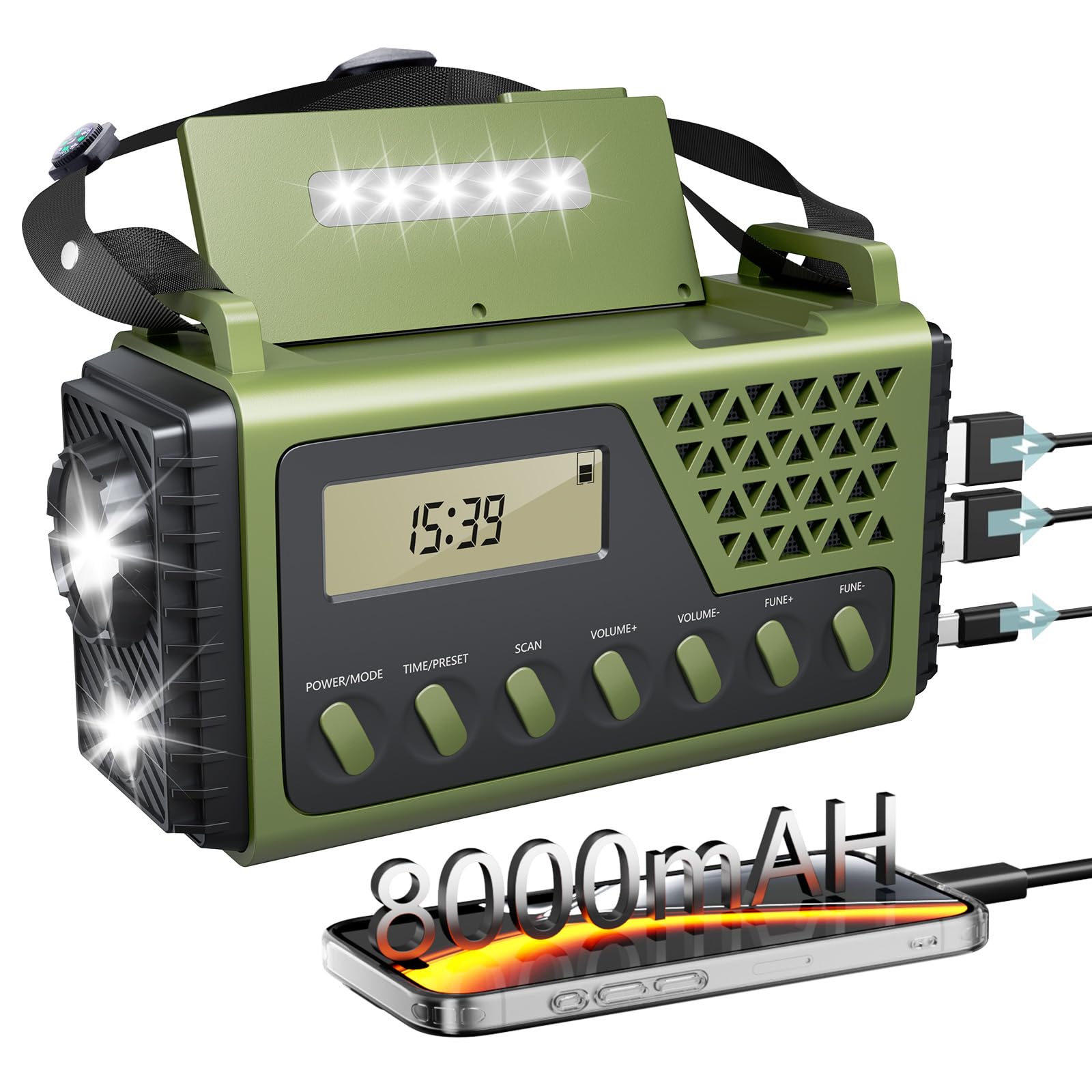 Solarbetriebenes Und Handkurbelbetriebenes Überlebensradio, 8000-mah-akku, Usb-ladegerät, Fm/am-empfänger, Led-taschenlampe, Kompass, Display – Notfallset Für Den Outdoor-bereich