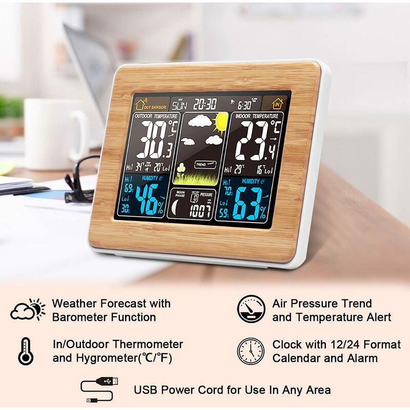 Drahtlose Wetterstation Für Den Innen- Und Außenbereich Mit Thermometer, Barometer, Digitalem Hygrometer, Uhr, Farbdisplay Und Einstellbarer Hintergrundbeleuchtung