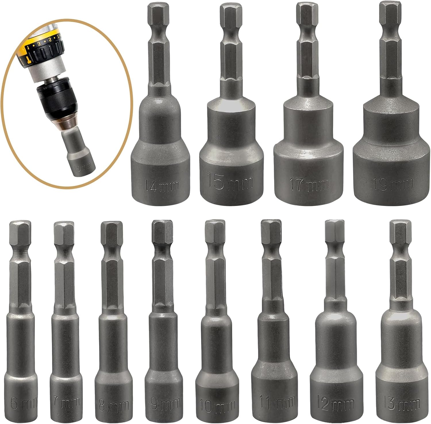 Set Mit 12 Magnetischen Innensechskant-steckschlüsseln Für Schraubendreher, Größen 6-19 Mm, 1/4"-adapter Für Schraubendreherbits