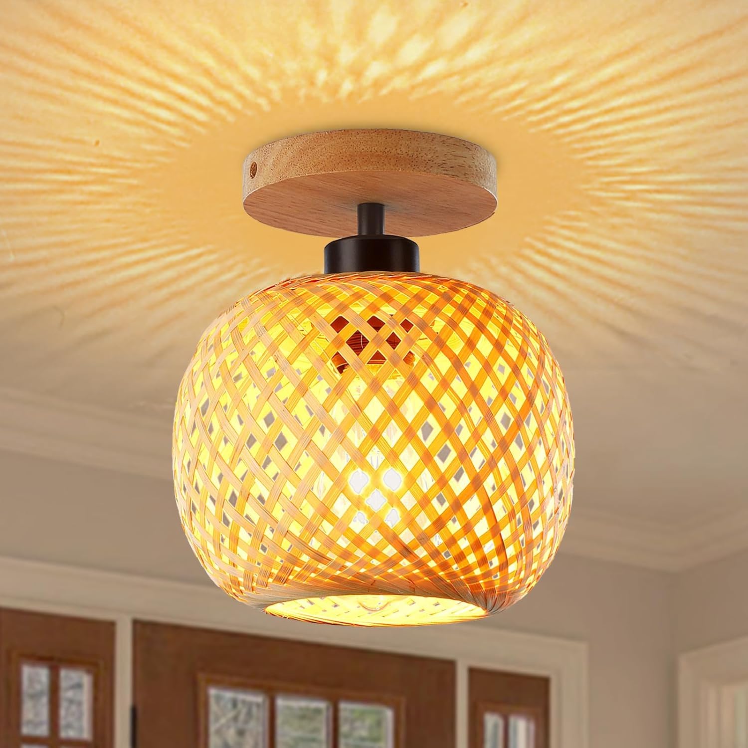 Deckenleuchte Aus Böhmischer Bambusplatte, Handgewebter Lampenschirm Aus Rattan, Rustikale Beleuchtung Fürs Schlafzimmer, Handgefertigt Und Warmer Stil.