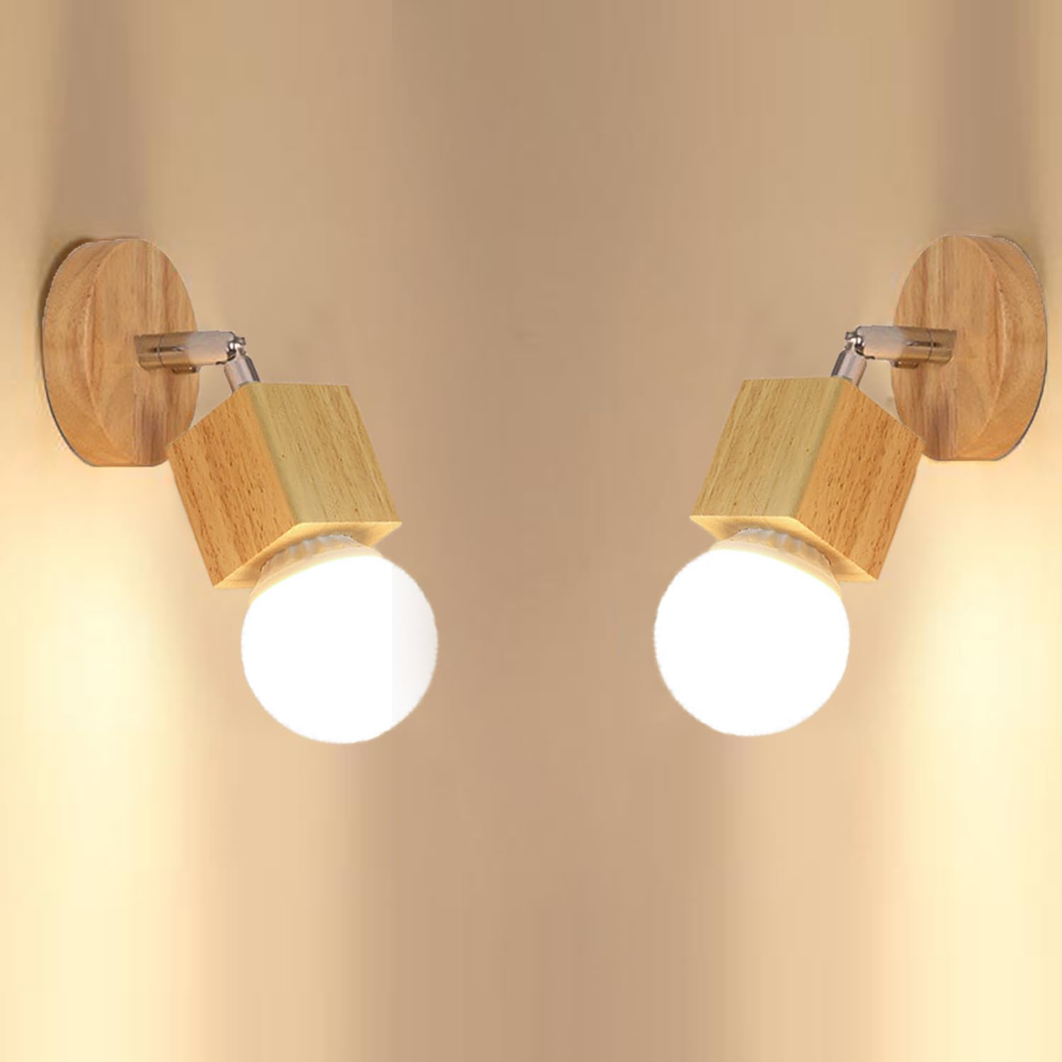 Set Mit 2 Retro-wandleuchten Aus Holz, 350° Verstellbare Industrie-wandlampen Für Flur, Schlafzimmer Oder Bar, E27-fassung, Quadratisches Design