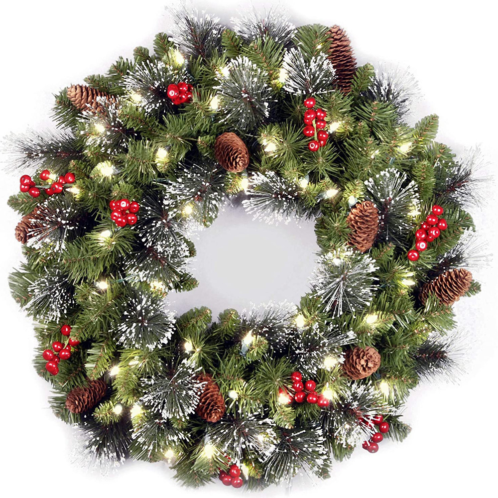 Künstlicher Weihnachtskranz, 50 Cm, Mit Led-lichtern, Fichte, Tannenzweigen, Beerensträußen Und Frostigen Ästen