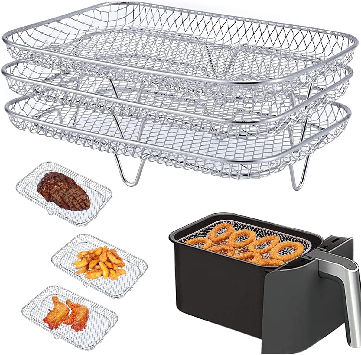 Airfryer-einsätze, 3 Stapelbare Dörrgeräte-einsätze, Korb Aus Edelstahl 304, Kochzubehör, Spülmaschinenfest