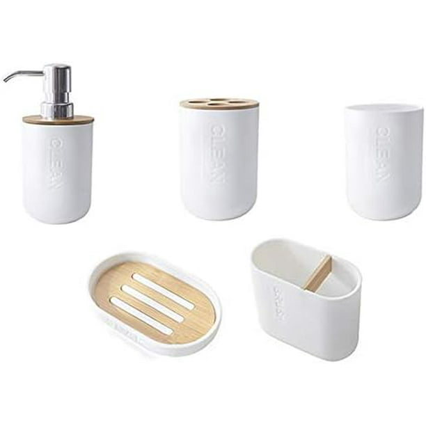 Set Aus 5 Badezimmeraccessoires Aus Bambus: Zahnbürstenhalter Aus Glas, Seifenspender, Seifenschale, Elegantes Und Praktisches Set.