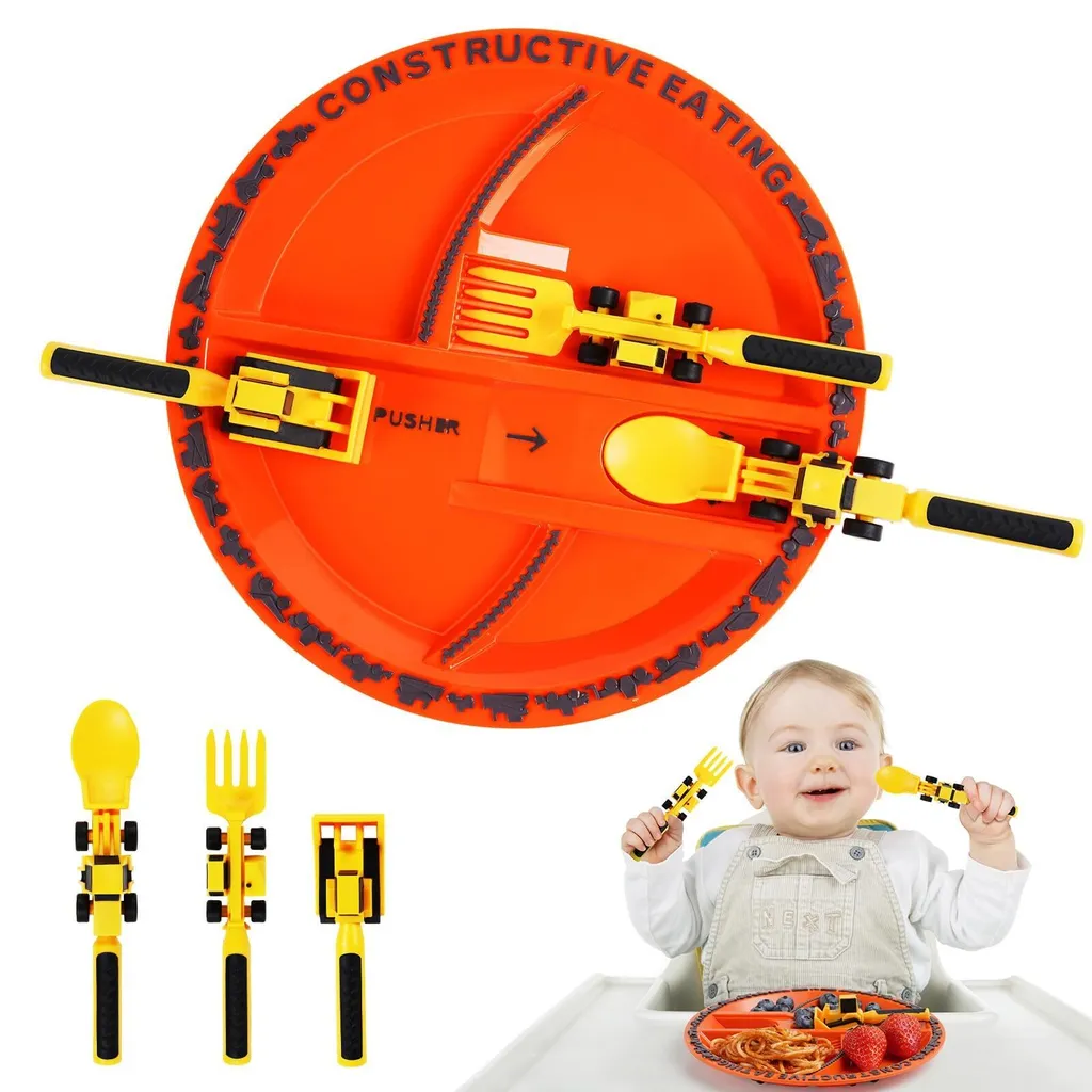 Besteckset Für Kinder, Baustellenbesteckset Mit Gabel Und Löffel, Geschirr Und Besteck Für Babys Und Kleinkinder, Spielerisches Essgeschirr.