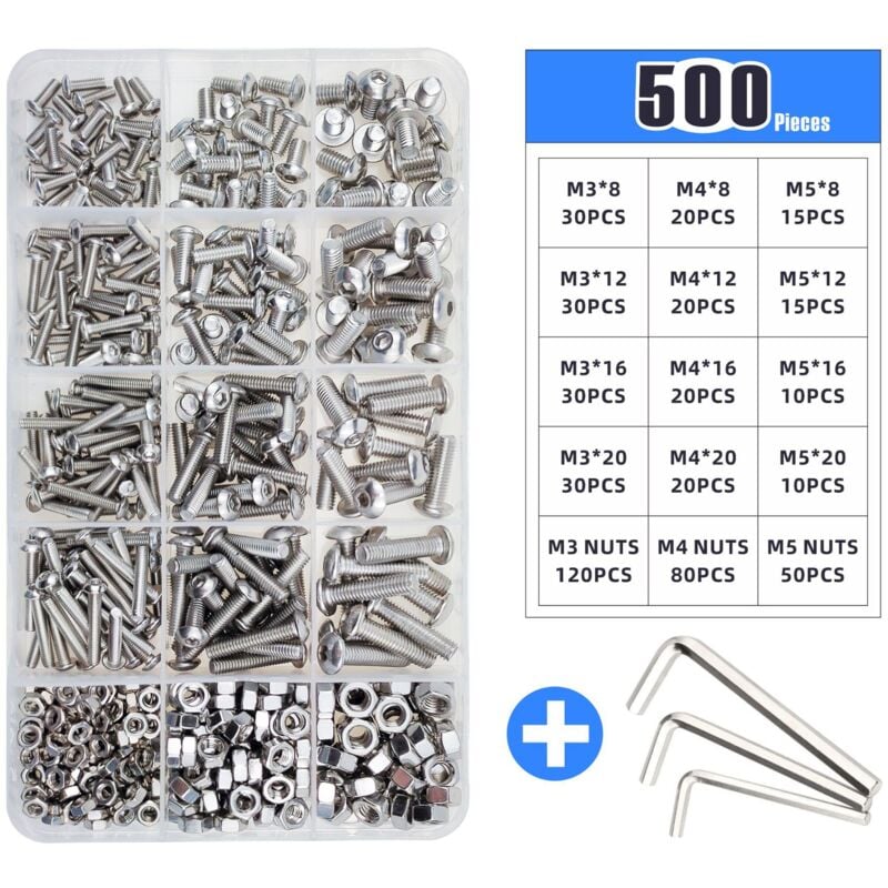 Packung Mit 500 Edelstahlschrauben Und -muttern M3, M4, M5, Zylinderkopf Und Senkkopf, Innensechskantschrauben