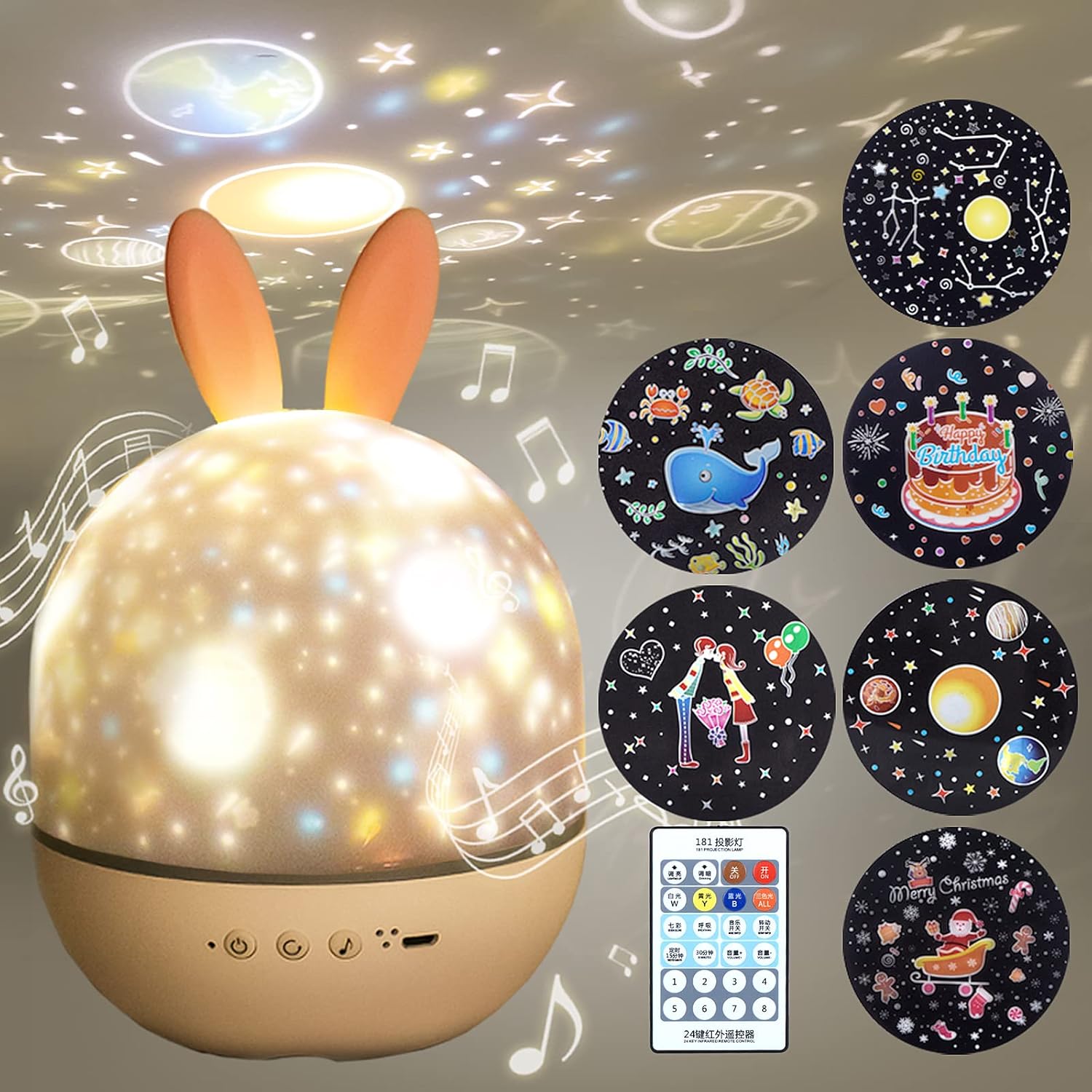 Nachttischlampe Für Kinder, Drehbarer Sternenprojektor Mit Fernbedienung, 6 Scheiben, Usb-aufladbar, Beruhigende Musik, Nachtlicht Fürs Babyzimmer, Geburtstags- Oder Weihnachtsgeschenk Für Jungen Oder
