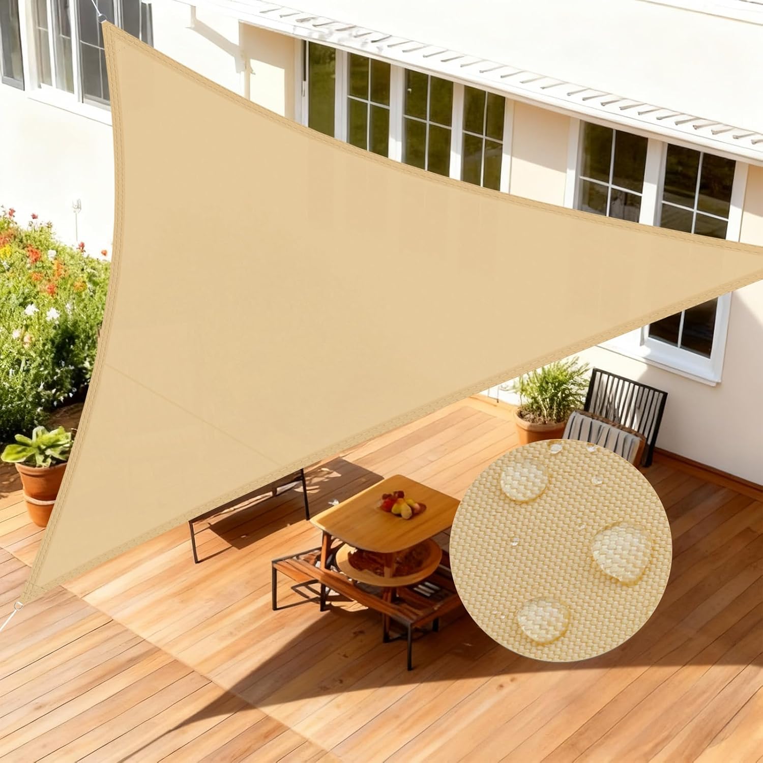 Wasserdichtes Dreieckiges Sonnensegel 4x4x4m, 95% Uv-schutzgewebe Für Terrasse, Patio Und Garten, Strapazierfähige Außenmarkise, Sandfarben.