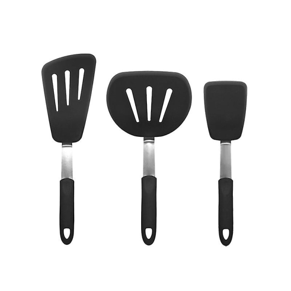 Silikon-bratpfanne Mit Holzgriff, 3-teiliges Küchenutensil-set: Große Kochschaufel Und Mittlerer Pfannenwender Für Gebratenen Fisch.