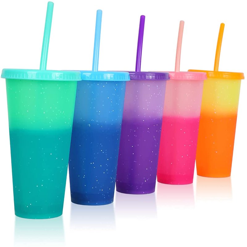 Magic Cups 473 Ml Mit Deckel Und Strohhalm, 5er-set Wiederverwendbare Plastikbecher Für Erwachsene Und Kinder, Ideal Für Eiskaffee, Tee Und Smoothies, Perfekt Für Sommer, Partys Und Reisen