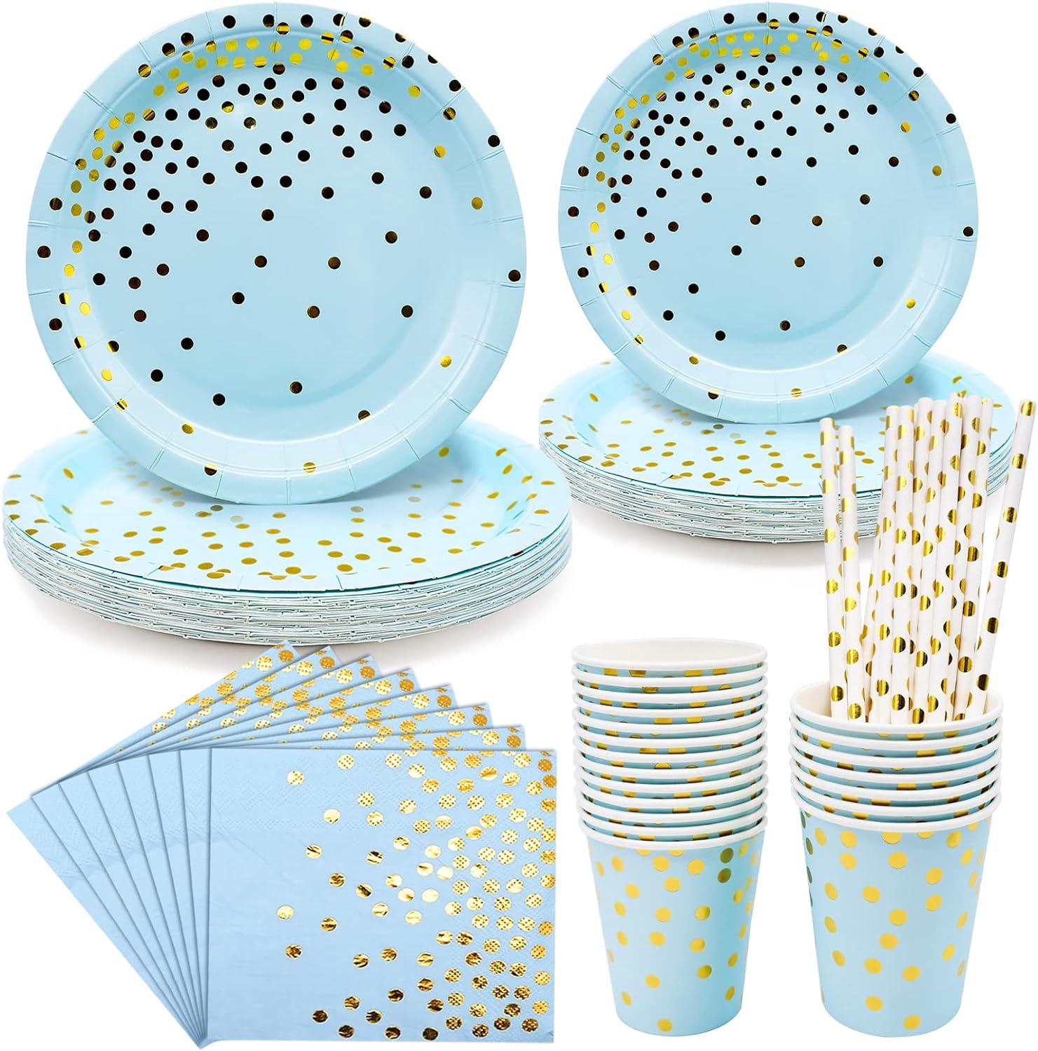 Goldene Pappteller Mit Blauen Punkten, Einweggeschirr Für 20 Gäste, Teller, Servietten Und Strohhalme Für Kindergeburtstage, Hochzeiten, Babypartys Und Weihnachten