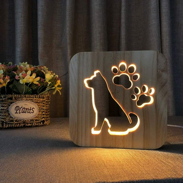 Geschnitztes Led-nachtlicht Aus Holz, Nachtlicht Mit Tierpfotenabdruck, Kreative Usb-tischlampe In Hundeform, Warmes, Dekoratives Licht