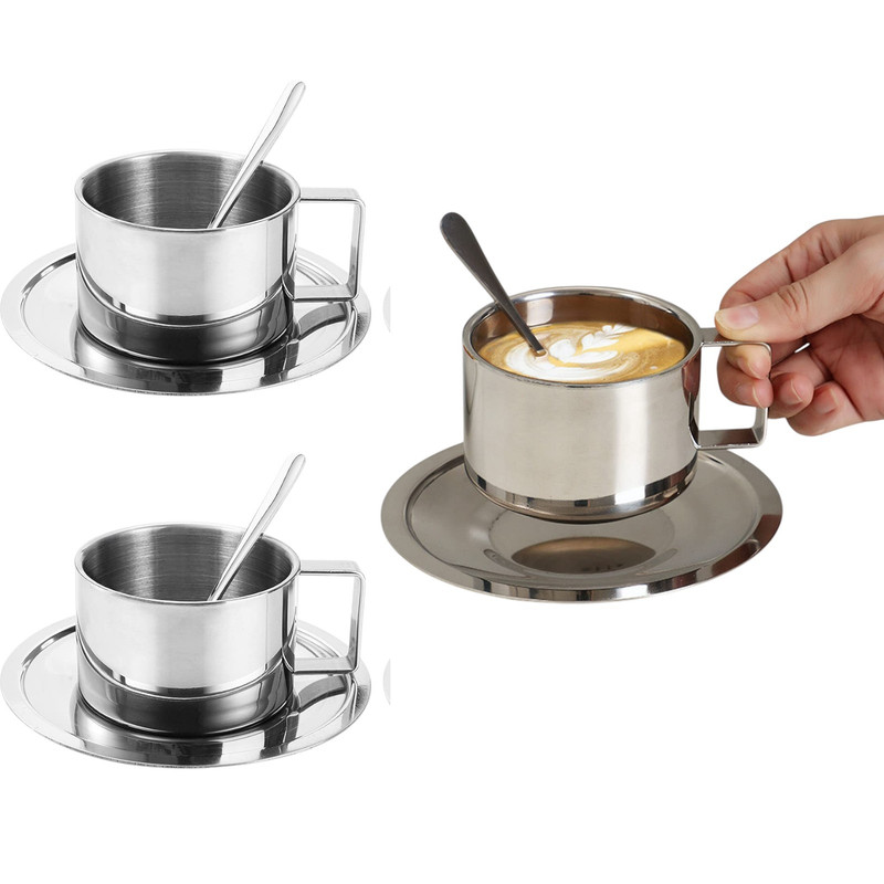 2er-set Kaffeetassen – Europäischer Edelstahl 304 In Hotelqualität – Kreativer Doppelwandiger Isolierbecher Mit Untertasse Und Löffel – 3-teiliges Set Für Espresso Und Milch