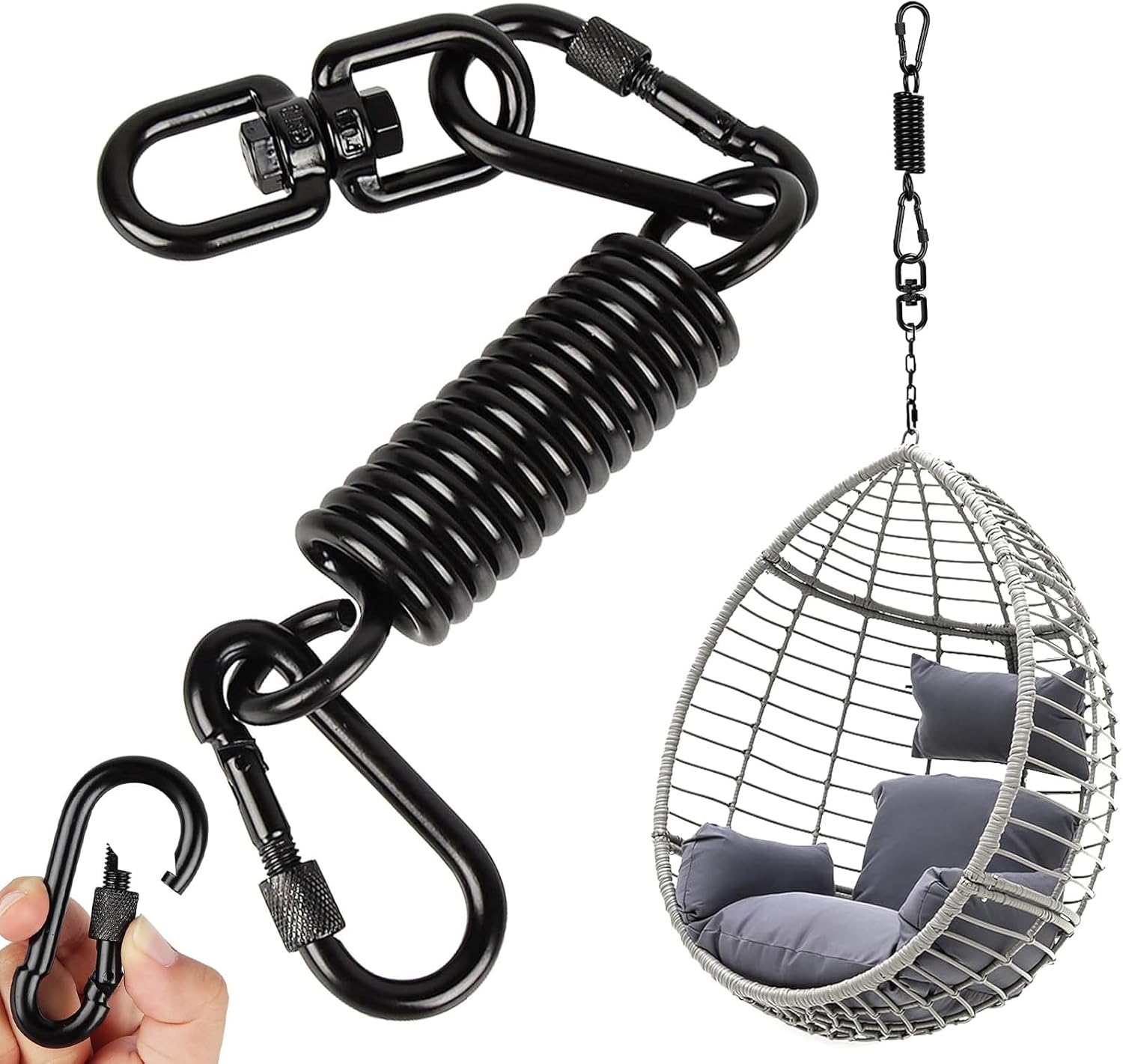 Aufhängungsfeder Für Hängemattenstuhl, Befestigungsset Mit 2 Karabinern Und 360° Drehbaren Haken, Maximale Belastung 250 Kg, Spiralfeder Für Hängesessel Und Schlafsack.