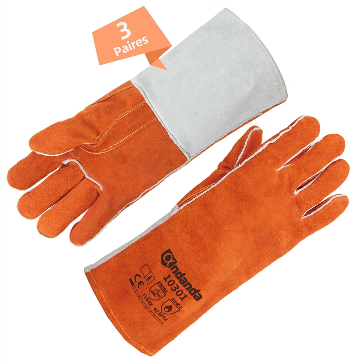 Andanda Schweißerhandschuhe, Schutzhandschuhe Aus Leder Und Aramid, Abrieb-, Reiß-, Verschleiß- Und Hitzebeständig, Für Manuelle Arbeiten Und Schweißen, Hochleistungshandschuhe, 3er-pack