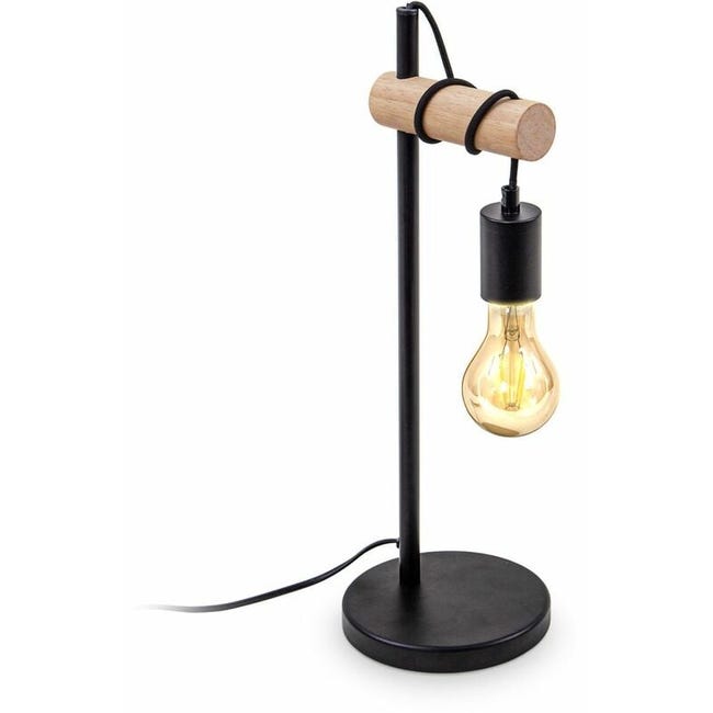 Retro-industrie-nachttischlampe Aus Holz Und Schwarzem Metall, Wohn- Und Schlafzimmerbeleuchtung, Tischleuchte Mit E27-fassung, Vintage-design Bklicht