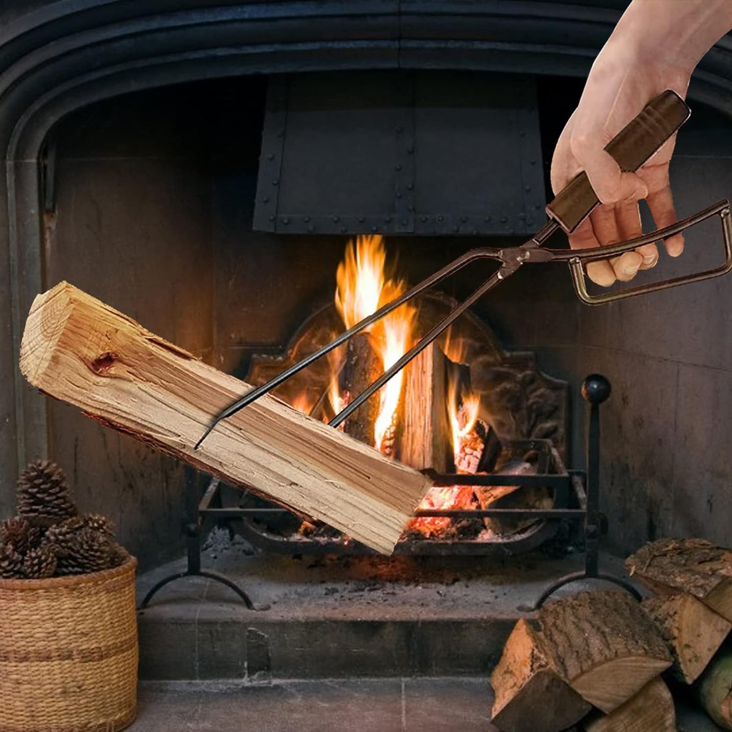 40 Cm Lange Kaminzange, Robustes Kaminwerkzeug Mit Verbrennungsschutz, Lange Kaminzange Für Brennholz, Camping- Und Kaminzubehör, Starke Backen