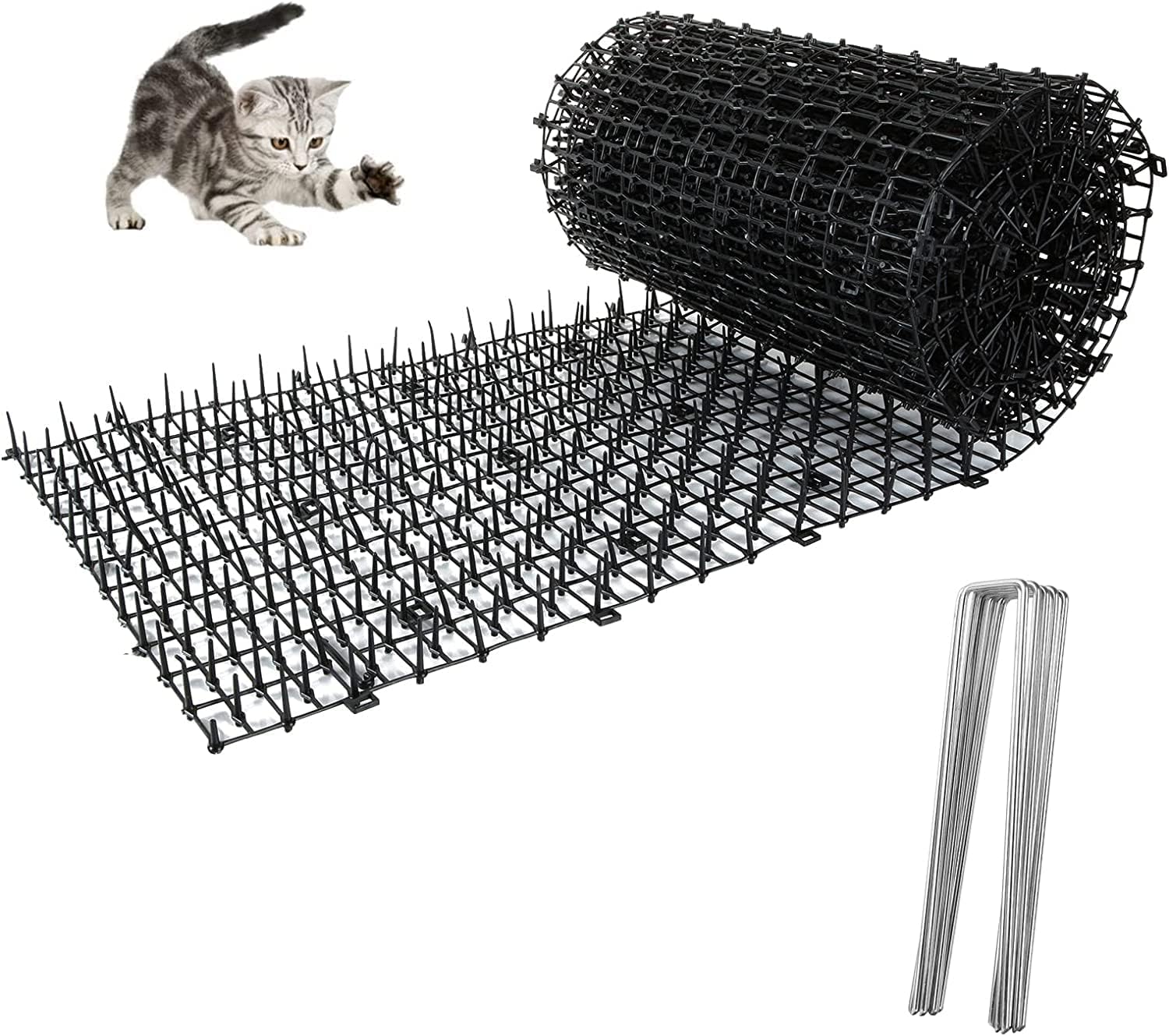 Katzenabwehrmatte Mit Spikes, Abschreckungsbarriere Für Den Außenbereich, Gartenschutz, Schwarze Spikes, 2 M X 30 Cm Rolle + 8 Befestigungselemente