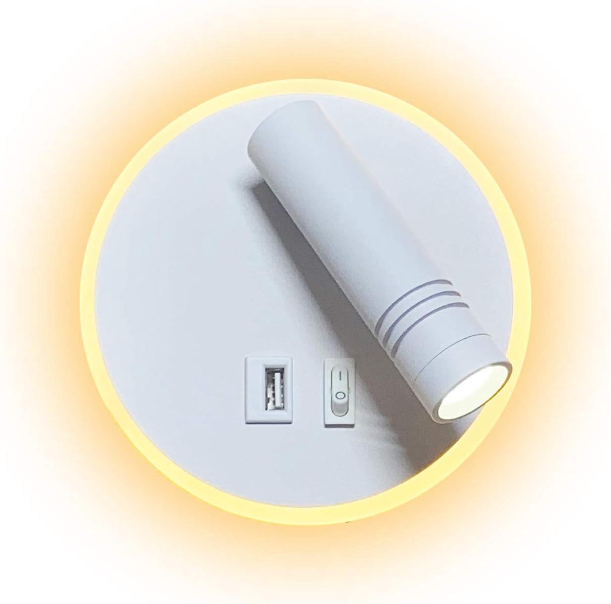 9-w-led-wandleuchte, Nachttischlampe Mit Usb-anschluss, (6 W Warmweiß 3000 K) + (3 W Kaltweiß 6500 K), Runde Form