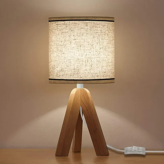 Dreibeinige Nachttischlampe Aus Holz, Lampenschirm Aus Leinen, E27-fassung, Retro-beleuchtung Für Schlafzimmer, Wohnzimmer, Büro, Industriestil, Natürlicher Dreibeinfuß, Leuchtmittel Nicht Enthalten,