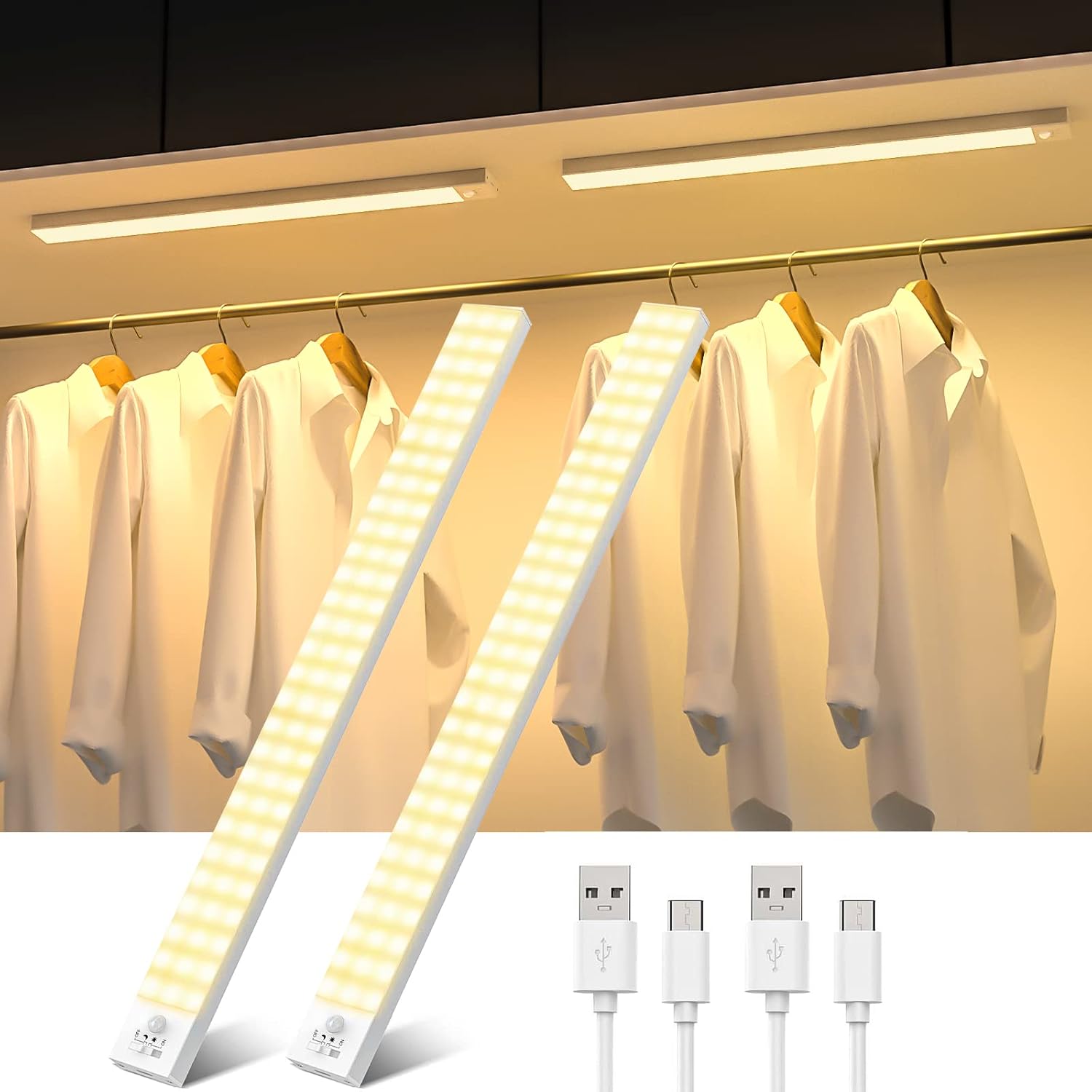 2er-set Led-schrankleuchten, 43 Cm, Bewegungsmelder, 3000 K, Usb-aufladbar, 2500 Mah, Schrankbeleuchtung Mit Sensor, Nachtlicht