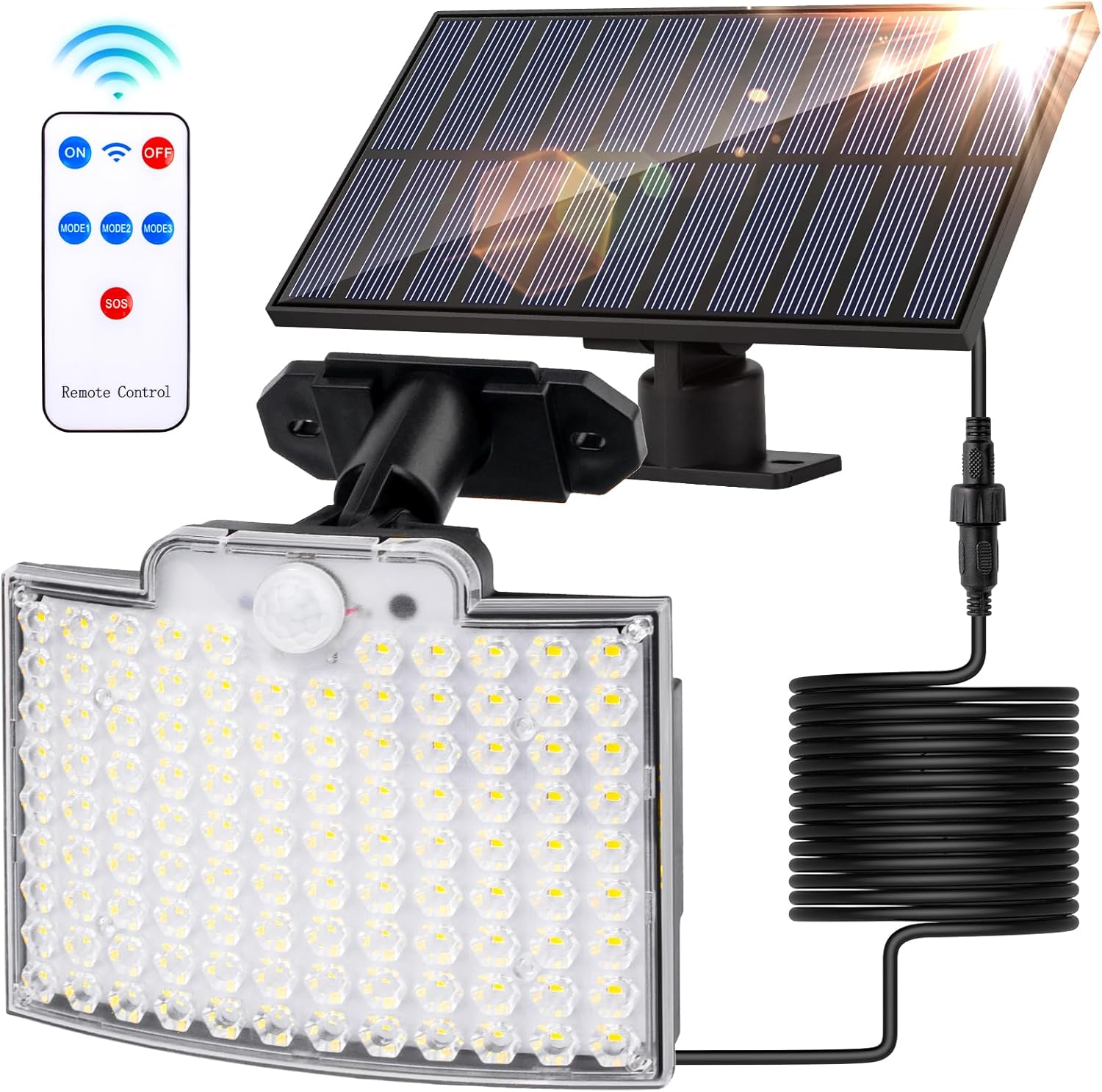 Abnehmbares Solarleuchten-set Mit 106 Leds, Fernbedienung, Ip65 Wasserdicht, Bewegungsmelder, 2000 Lumen, 5 M Kabel, 2000 Mah Akku, 3 Intelligente Modi, Diebstahlsicherung, Für Garten, Parkplatz, Balk