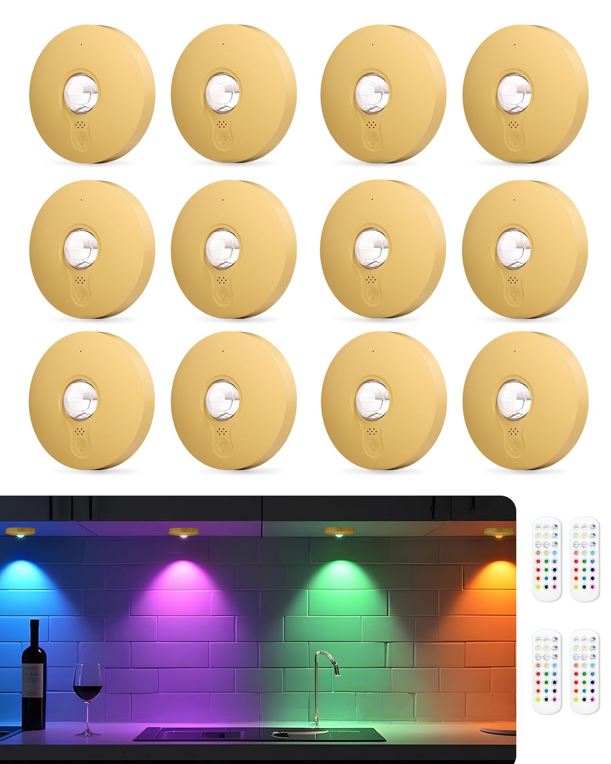 Set Mit 12 Wiederaufladbaren Rgb-led-leuchten Per Usb Mit Fernbedienung, Kabellose Beleuchtung Für Schränke Und Vitrinen, Farbwechsel