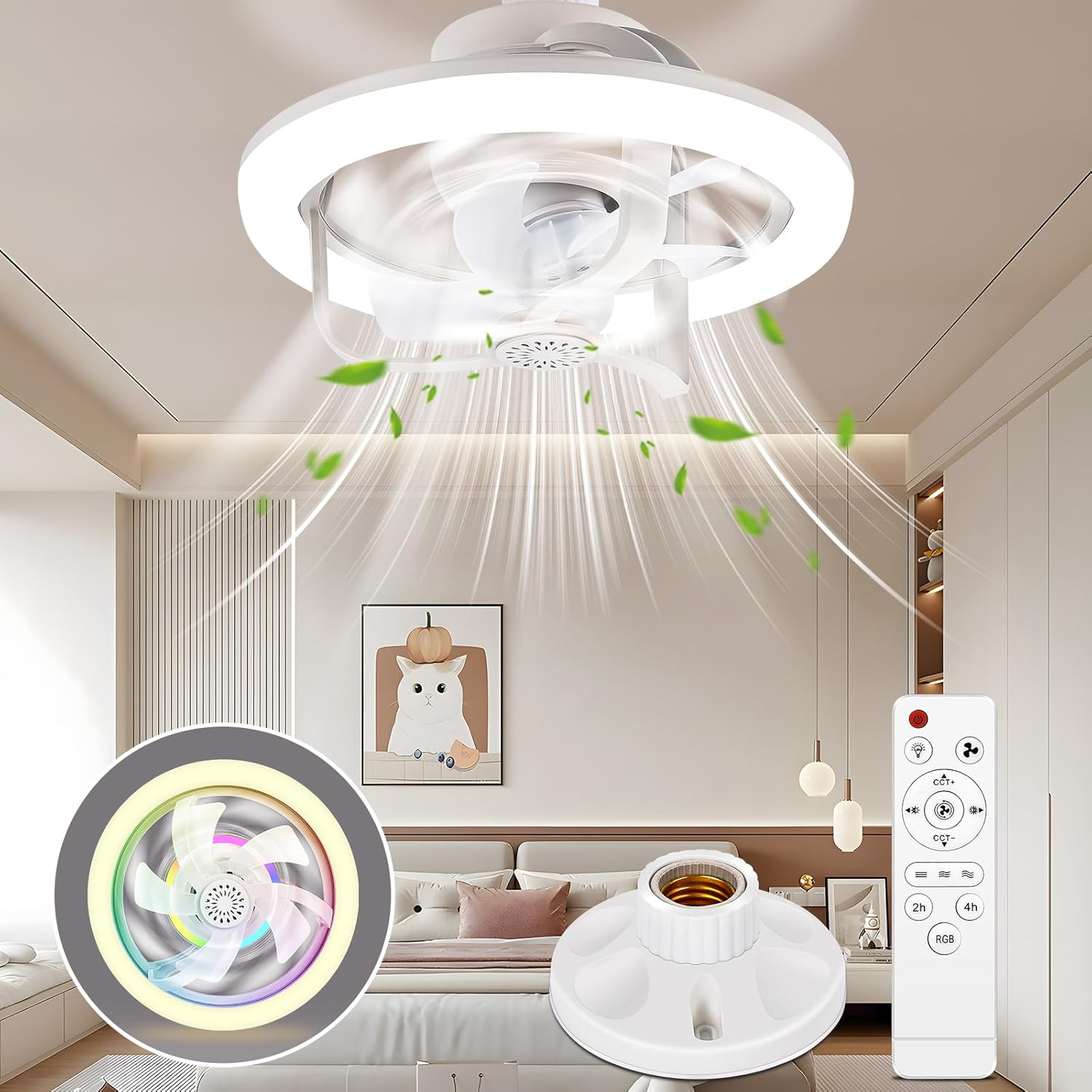 Geräuscharmer Deckenventilator Mit Licht, E27 Rgb-led-fassung, Integrierte Beleuchtung, Fernbedienung Inklusive, Abmessungen 28 X 18 Cm