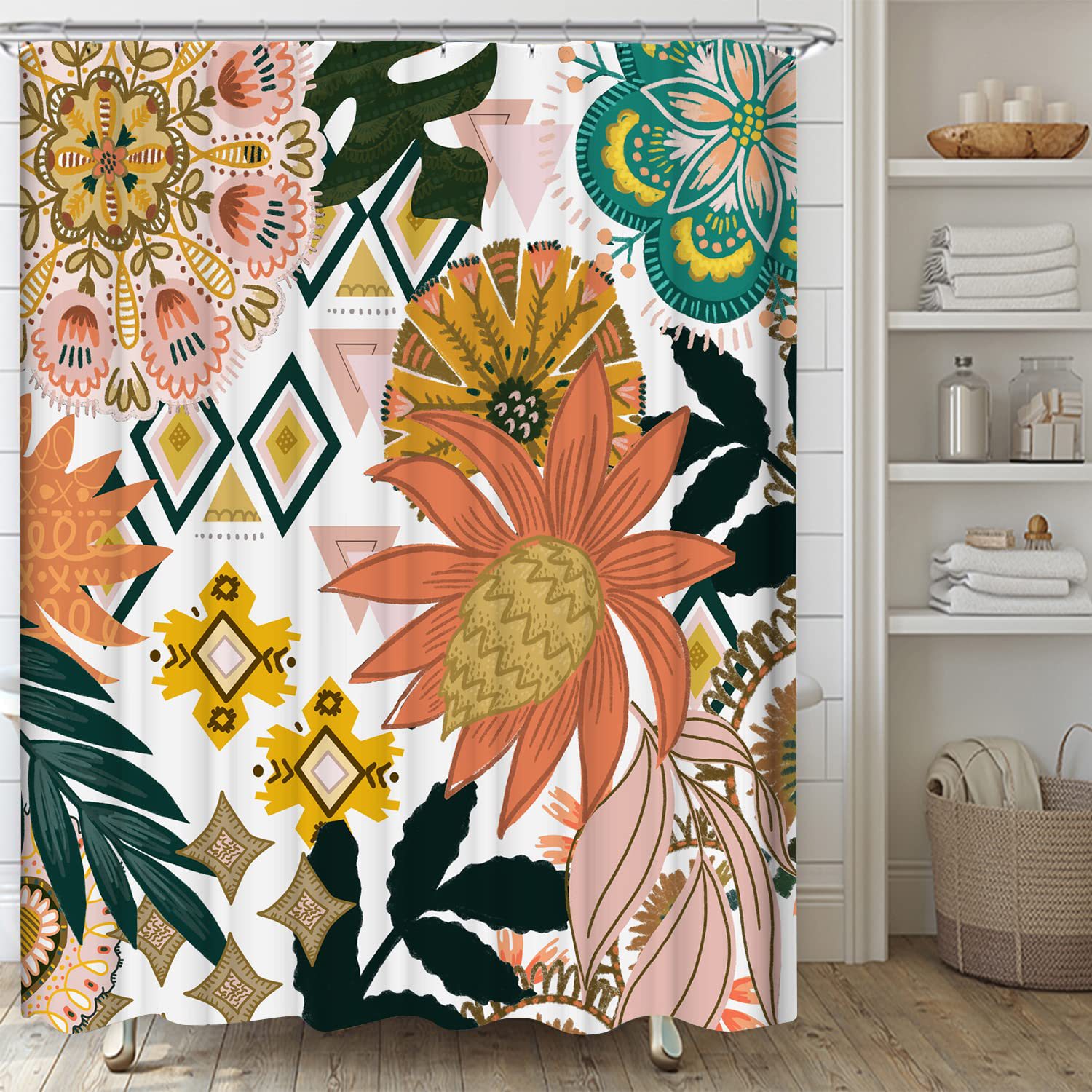 Duschvorhang Im Boho-stil Mit Blumen- Und Blättermuster, 180 X 200 Cm, Wasserdicht, Für Badezimmer, Ethnische Dekoration