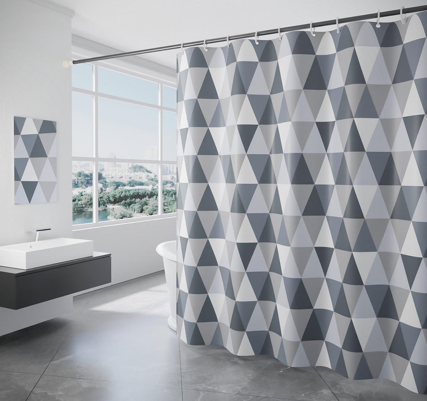Grauer Dreieckiger Duschvorhang Mit Haken, 180x200 Cm, Wasserdicht, Schimmelresistent, Waschbares Polyester, Wasserabweisender Badstoff.