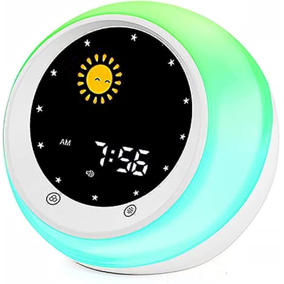 Kinderwecker Mit Mond- Und Sonnenmotiv, Schlaftrainer Mit Geräuschmaschine, Aufwachlicht Und Nachtlicht, Lehrt Kinder Den Unterschied Zwischen Tag Und Nacht.